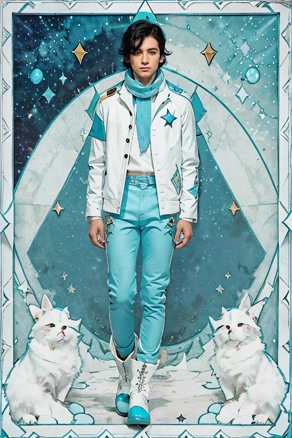 Boy with black hair turquoise eyes wearing a white shirt colored jacket with white sleeves and a star patch light blue pants turquoise boots and a cosmic blue scarf