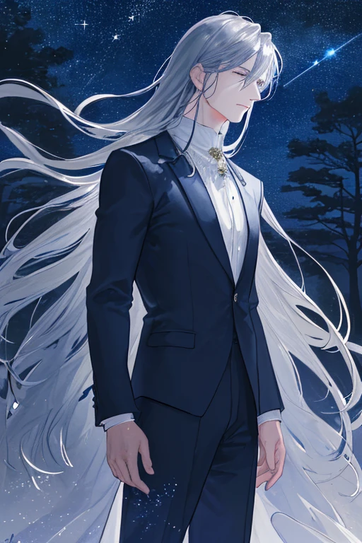 (best quality,4k,8k,highres,masterpiece:1.2),ultra-detailed,(realistic,photorealistic,photo-realistic:1.37),A man standing under the night sky with a bright full moon,luminous moonlight shining down on the man's face and illuminating his features,moonlight casting long shadows on the ground,serene and peaceful atmosphere,mysterious and enchanting scene,dark blue and starry night sky,silhouettes of trees in the background,silvery moonlight reflecting on the man's clothes,moonlight creating a subtle glow on the man's skin,magical and dreamlike ambiance,crisp details of the man's facial expression and clothing,gentle breeze swaying the grass,quiet and calm surroundings,majestic lunar presence,faint twinkling of distant stars,touch of serenity and tranquility.