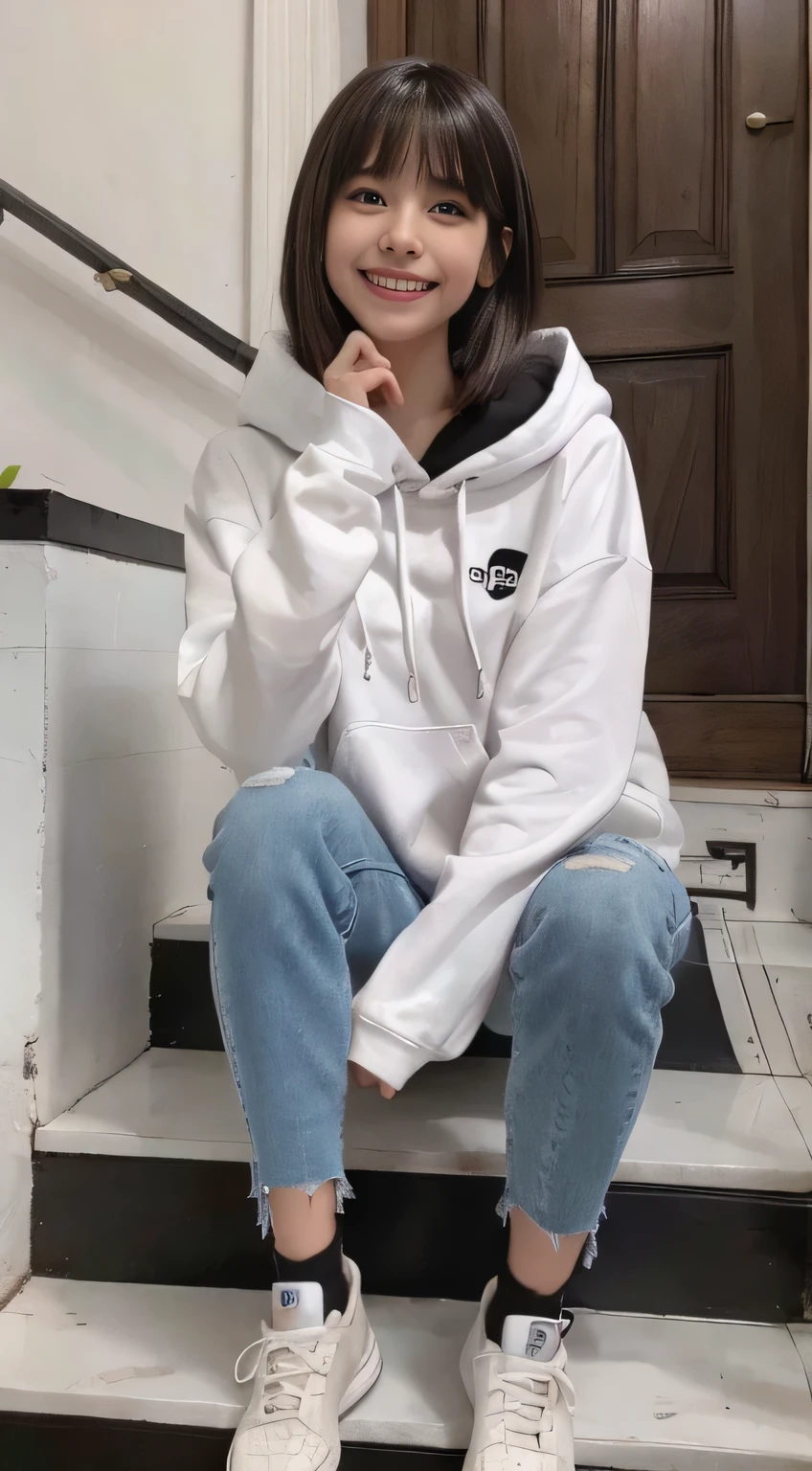 highest quality, Realistic, Very detailed, Finer details, High resolution, 8k wallpaper, One beautiful woman,Sit on the stairs、(Wear black socks)smile、(Beautiful teeth alignment、)(Gums are visible) Oversized hoodie, Skinny jeans,( Black sneakers)、Black Hair、 Beautiful Bangs、ear piercing、Perfect dynamic composition, Beautiful and detailed, Full Body Shot, A big smile wearing colorful socks