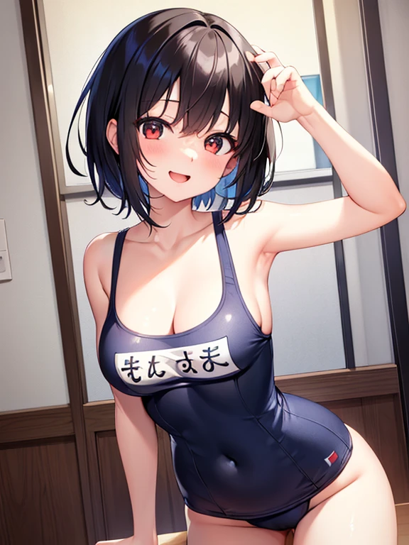 masterpiece、Highest quality、Ultra-high resolution、Medium breasted girl、red and large eyes,、Black short hair、The hair inside is colored、Excited face、Please open your mouth a little、Sex-inviting pose、Wearing school swimsuit