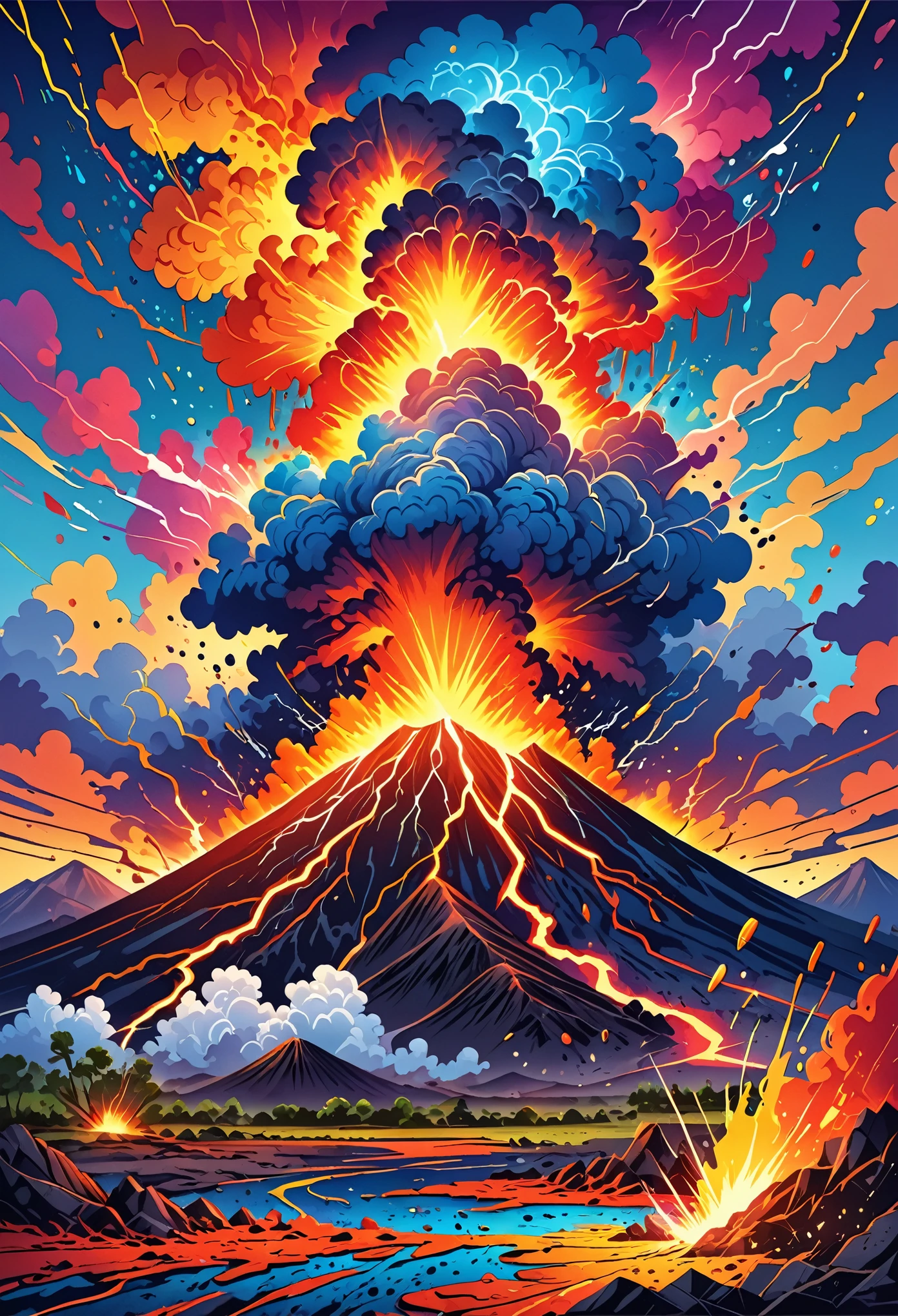 Vector Art, Colorful illustration with lots of lightning, In the center, Vibrant colors, Paint splatters and stains, High Detail,Volcanic eruption background
