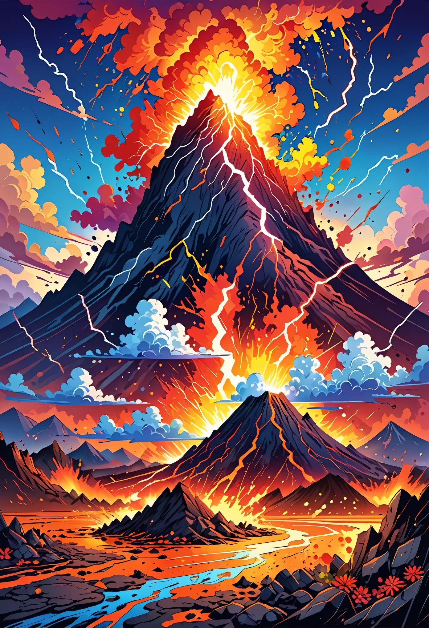 Vector Art, Colorful illustration with lots of lightning, In the center, Vibrant colors, Paint splatters and stains, High Detail,Volcanic eruption background