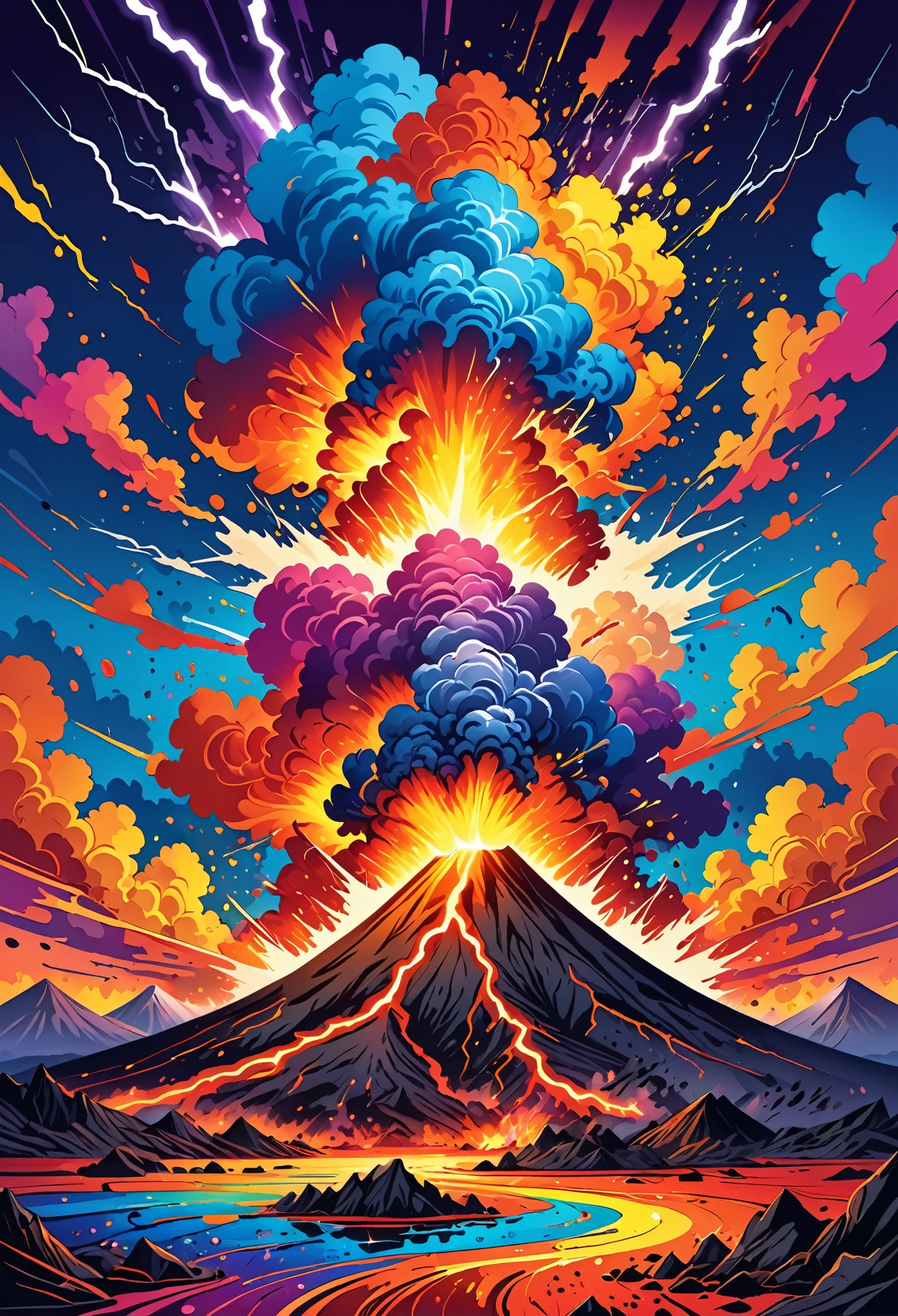 Vector Art, Colorful illustration with lots of lightning, In the center, Vibrant colors, Paint splatters and stains, High Detail,Volcanic eruption background
