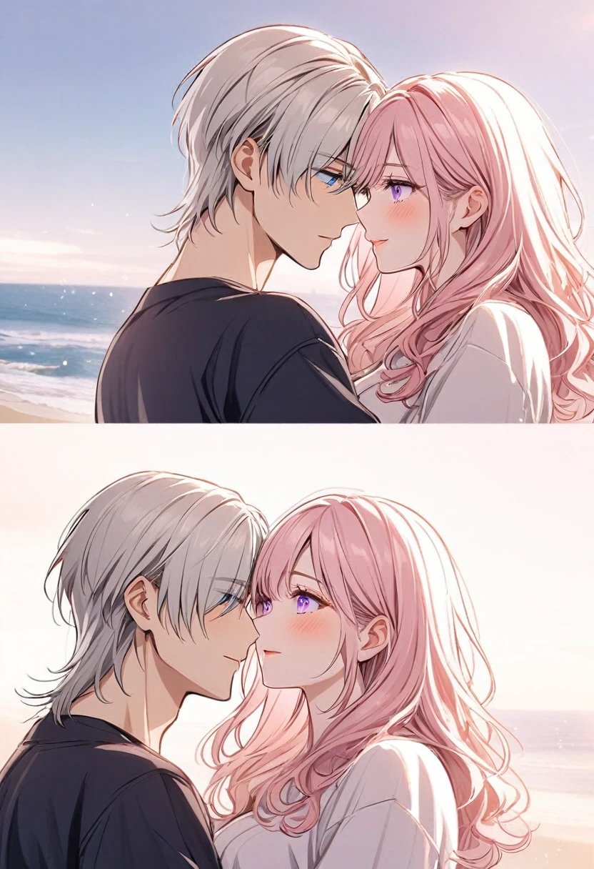 couple, 1 Girl 1 strong Boy, different hair color, Long blonde pink hair and purple eyes , medium silver hair and blue eyes, Romance