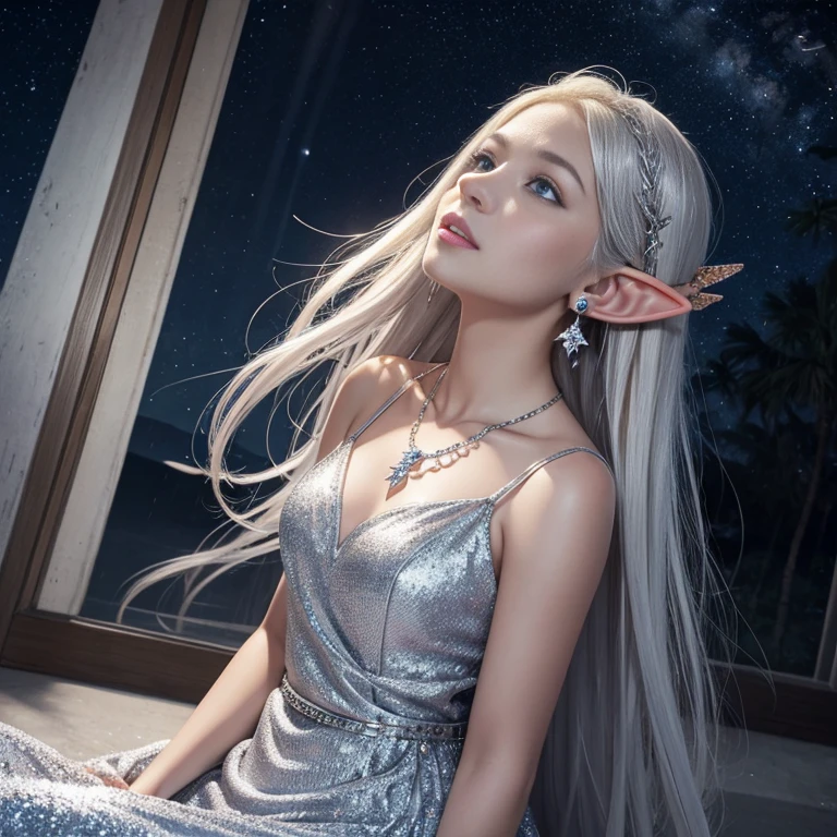 Beautiful girl, standing, night, looking up, looking at the stars, it s raining, gentle moonlight on her face, sitting sideways, bare shoulders, blond hair, white skin, blue eyes, silver dress, dress covered in blood, earrings, elf, hair between eyes, silver hair ornament, jewelry, lips, long hair, silver necklace, glitter necklace, pointed ears, solo, side view, 