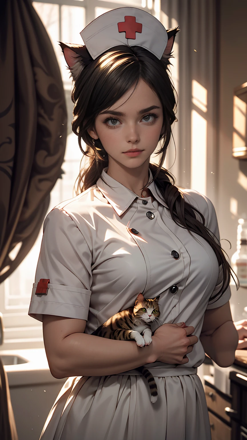 Long Hair, low-tied Long Hair, Nurse cap, eyeball, Big eyes, Cat ear, compensate, Surrealism, Surrealism, modern art, realism, image debtill, silhouette, Chiaroscuro, debtirst-person view, debt/1.8, Ultra-high resolution, masterpiece, 16k, 8k