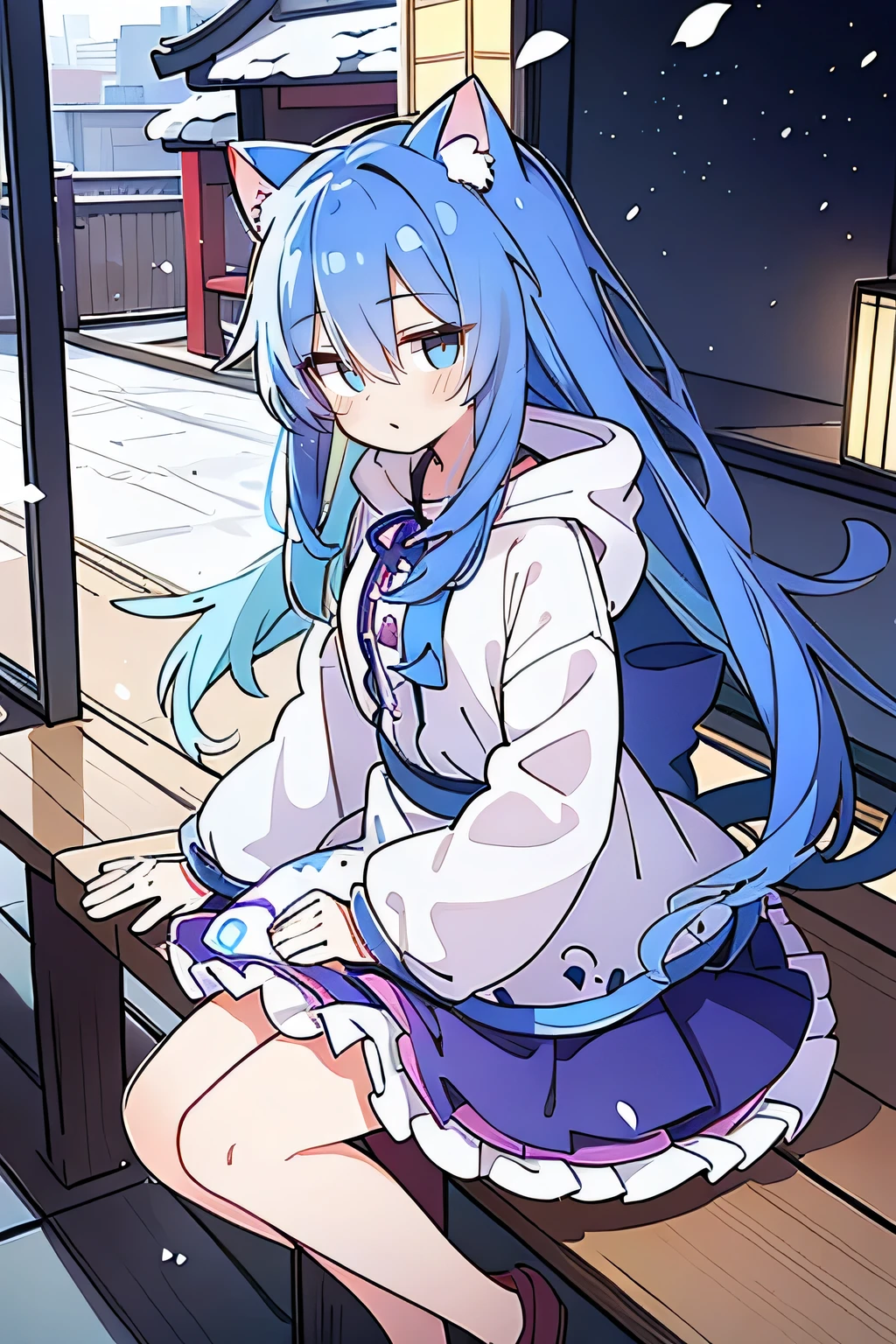（masterpiece：1.2），Super detailed，lifelike，Expressive eyes，fair skin，perfect face shape，1 girl，
Japanese comics,Gorgeous blue hair,flowing blue hair,flowing clothes,Cat ears,Petals fall,beautiful lola,Baby Angel,
Shaking head with one hand，Cross your legs，Gentle and peaceful background，The pavilion is cool and comfortable,smile, wearing hoodie, background of tokyo,back views,snowing, winter.