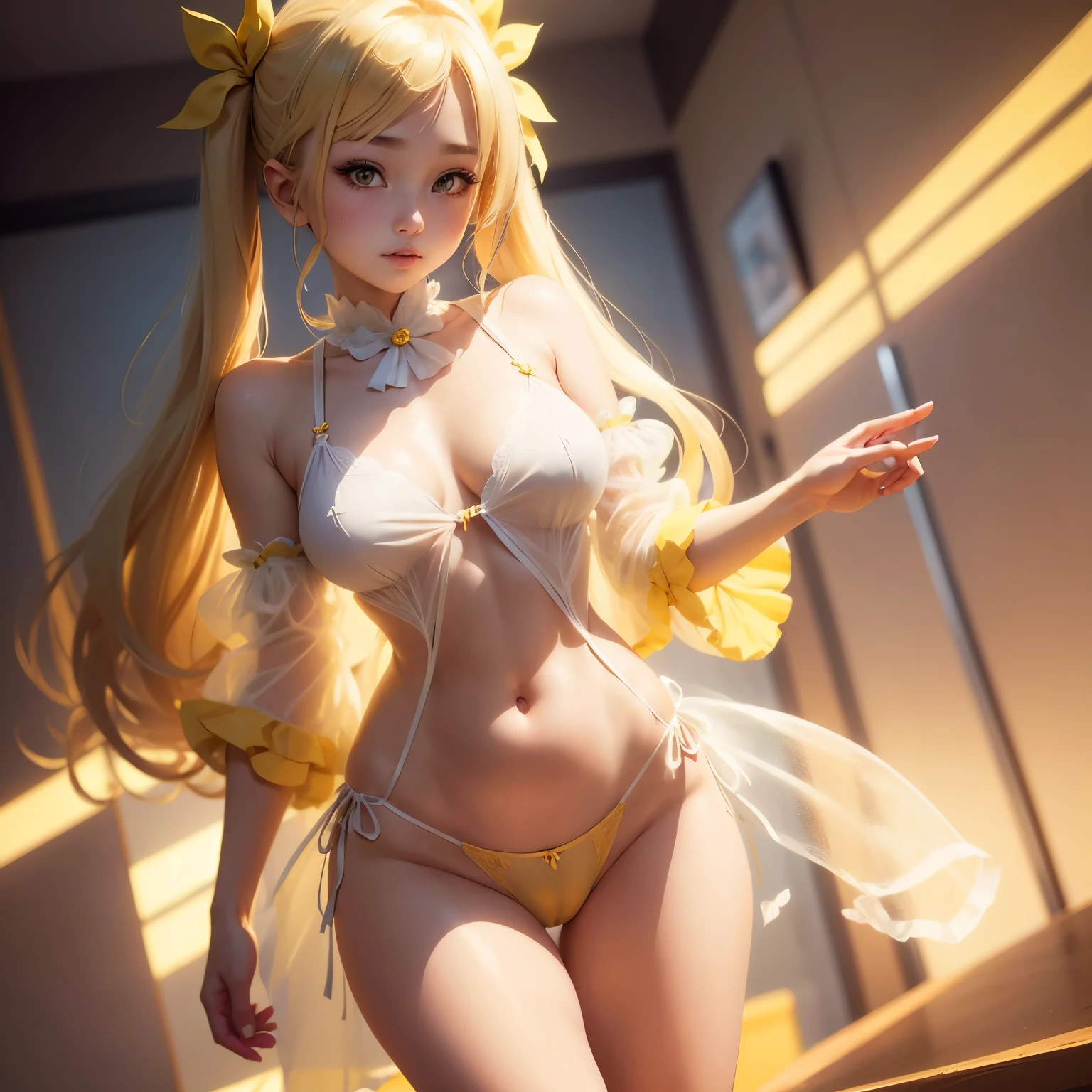 Blonde、Beautiful young woman、Twin tails、Yellow ribbon hair accessory、Magical girl、Sheer clothing、Attractive clothes、Exposed skin、Transparent panties、Thong