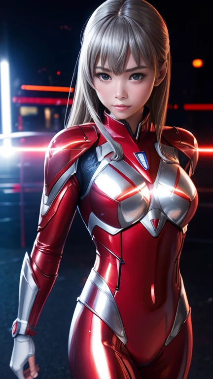 Ultraman、realistic、realistic、cinematic lighting, Girl in a shiny red and silver suit、15 years old、professional photos、Don&#39;Do not expose your skin, japanese model, japanese cgi、Ultraman Suit、tight and thin cyber suit,Whole body rubbery、There&#39;s pink There、 delicate body, big breasts、small ass、thin thighs、thin arms、thin waist、camel toe、Both sides of the cyber suit stick to the skin、Big eyes、black short hair、facing the front、facing the front立っている、A glowing sphere is embedded in the chest.、Essay Examination、 blue sky background