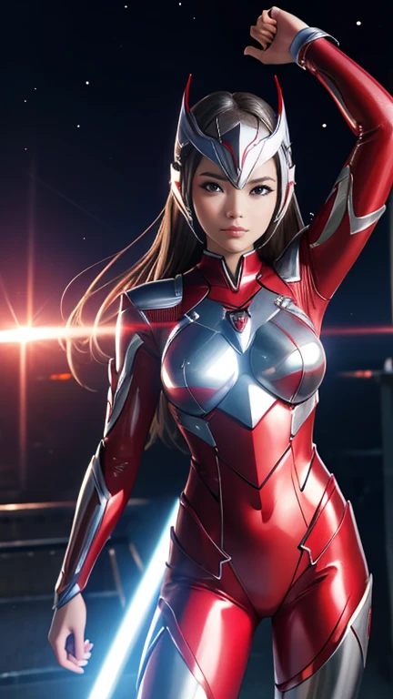 Ultraman、realistic、realistic、cinematic lighting, Girl in a shiny red and silver suit、15 years old、professional photos、Don&#39;Do not expose your skin, japanese model, japanese cgi、Ultraman Suit、tight and thin cyber suit,Whole body rubbery、There&#39;s pink There、 delicate body, big breasts、small ass、thin thighs、thin arms、thin waist、camel toe、Both sides of the cyber suit stick to the skin、Big eyes、black short hair、facing the front、facing the front立っている、A glowing sphere is embedded in the chest.、Essay Examination、 blue sky background