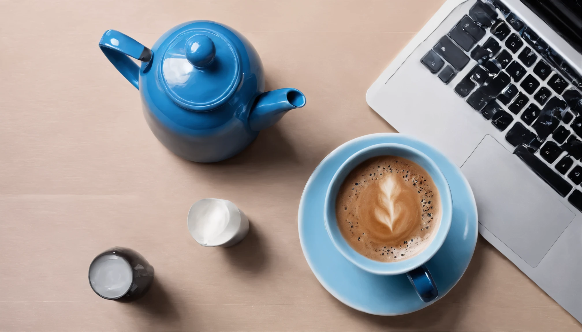 A blue coffee pot and a cup of hot coffee seen from above, in a technology office, background azul marinho, obra de arte, 8k, high resolution.