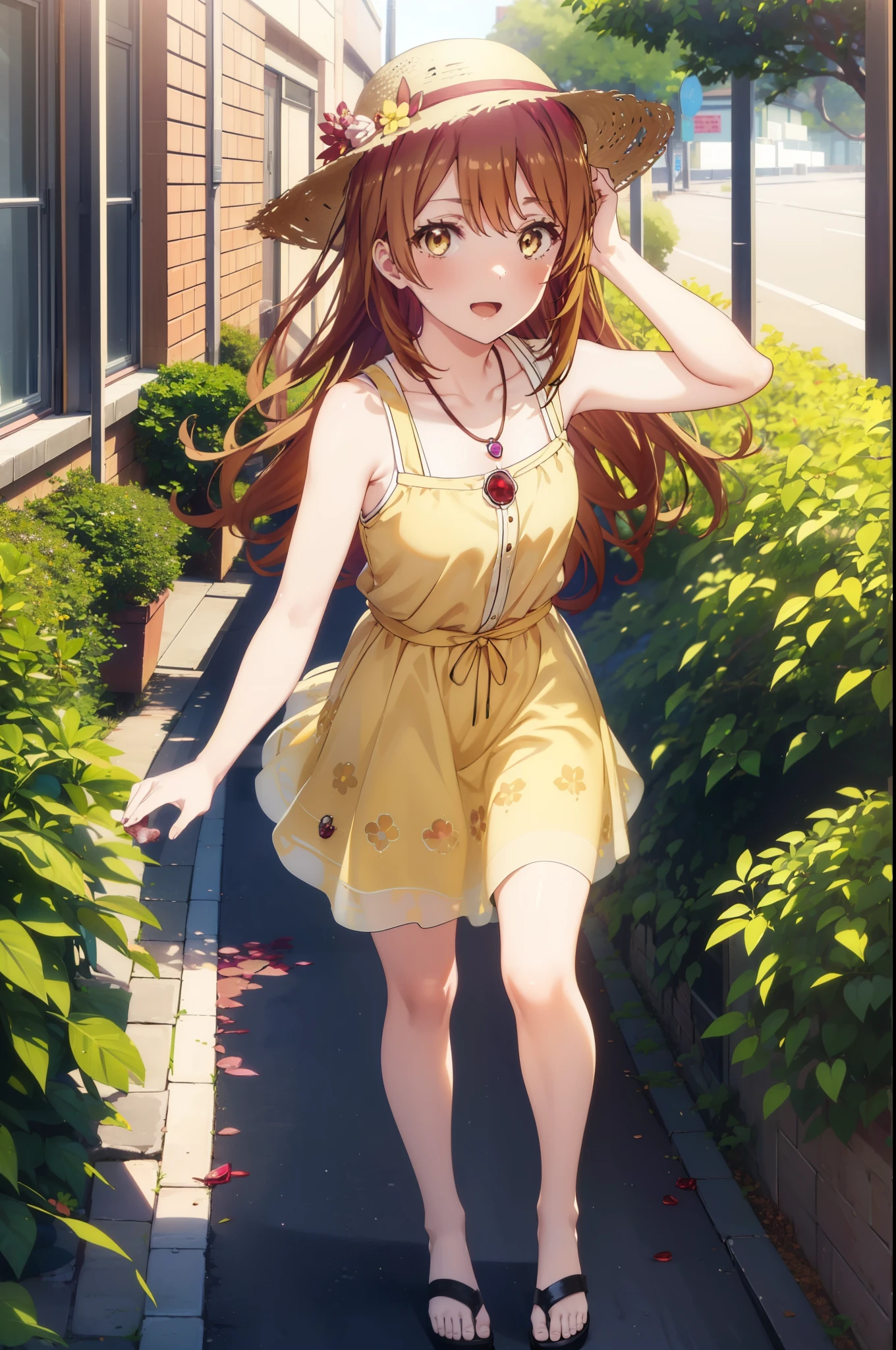 irohaisshiki, Isshiki Iroha, Long Hair, Brown Hair, (Brown ruby eyes:1.5), Sleeveless yellow dress,Yellow long skirt,Bare neck,Locket Necklace,Cute Sandals,Straw hat,happy smile, smile, Open your mouth,Daytime,Clear skies,True Summer,whole bodyがイラストに入るように,Walking,
break outdoors ,公園
break looking at viewer,whole body,
break (masterpiece:1.2), highest quality, High resolution, unity 8k wallpaper, (shape:0.8), (Beautiful and detailed:1.6), Highly detailed face, Perfect lighting, Highly detailed CG, (Perfect hands, Perfect Anatomy),
