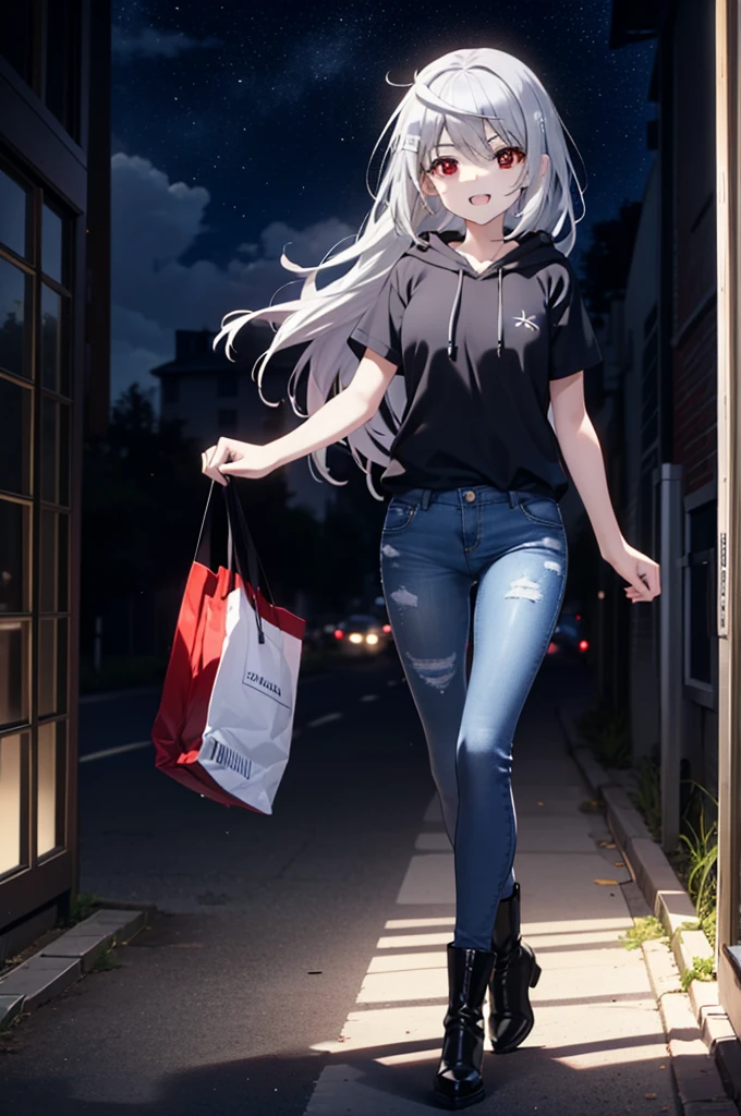 Laura Bodvig, Laura Bodvig, Long hair, (Red Eyes:1.3), Gray hair, Eye mask,happy Smile, Smile, open mouth,Black Hoodie,Short sleeve,Short jeans,Black pantyhose,Ankle boots,night,moonlight,walk,
rest outdoors, In the city,construction area,crowd, people々々,
rest looking at viewer,
rest (masterpiece:1.2), best quality, high resolution, Unity 8K wallpaper, (number:0.8), (exquisite details:1.6), The face is rich in detail, Perfect lighting, Highly detailed CG, (Perfect hands, Perfect anatomical structure),