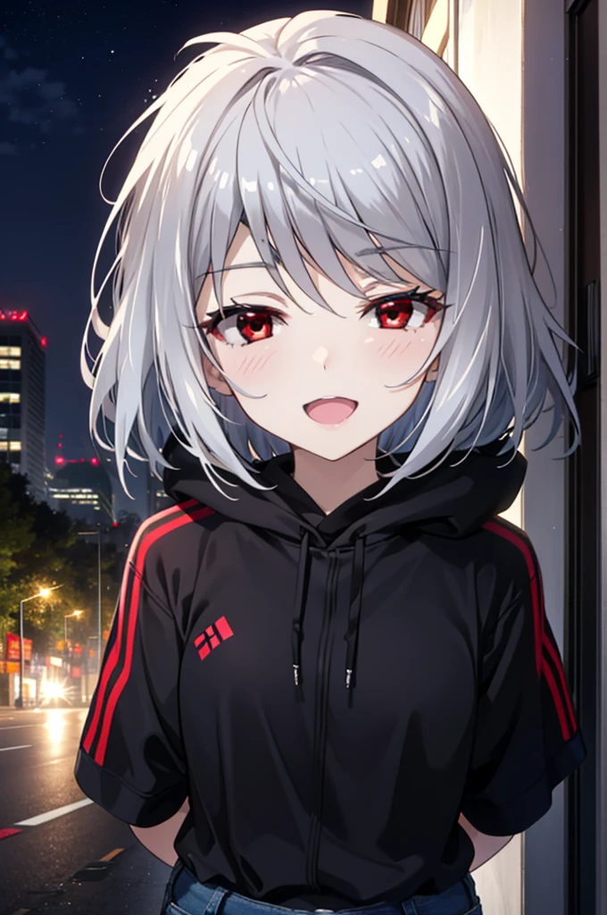 Laura Bodvig, Laura Bodvig, Long hair, (Red Eyes:1.3), Gray hair, Eye mask,happy Smile, Smile, open mouth,Black Hoodie,Short sleeve,Short jeans,Black pantyhose,Ankle boots,night,moonlight,walk,
rest outdoors, In the city,construction area,crowd, people々々,
rest looking at viewer,
rest (masterpiece:1.2), best quality, high resolution, Unity 8K wallpaper, (number:0.8), (exquisite details:1.6), The face is rich in detail, Perfect lighting, Highly detailed CG, (Perfect hands, Perfect anatomical structure),