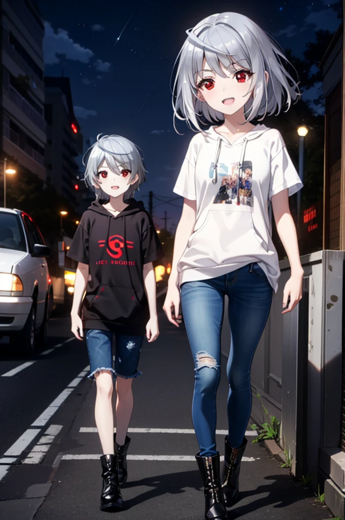 Laura Bodvig, Laura Bodvig, Long hair, (Red Eyes:1.3), Gray hair, Eye mask,happy Smile, Smile, open mouth,Black Hoodie,Short sleeve,Short jeans,Black pantyhose,Ankle boots,night,moonlight,walk,
rest outdoors, In the city,construction area,crowd, people々々,
rest looking at viewer,
rest (masterpiece:1.2), best quality, high resolution, Unity 8K wallpaper, (number:0.8), (exquisite details:1.6), The face is rich in detail, Perfect lighting, Highly detailed CG, (Perfect hands, Perfect anatomical structure),