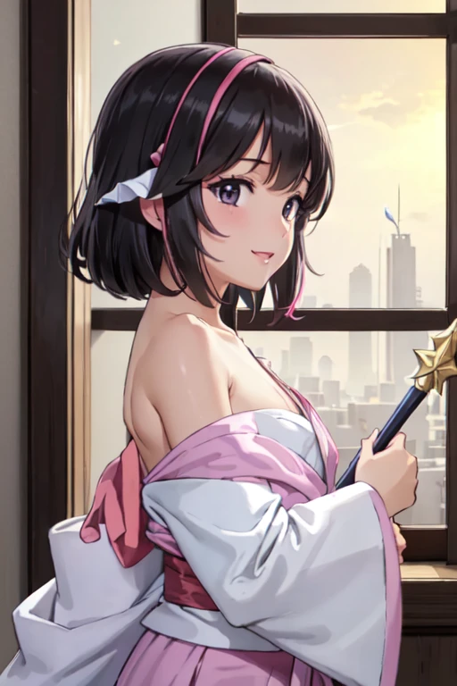 masterpiece, best quality, ultra detailed, highres, extremely detailed CG unity 8k wallpaper, perfect lighting,  very detailed background, beautiful and aesthetic,sharp focus, perfect face, dynamic pose, dynamic angle,
1girl, upper body, (portrait:1.1), multicolored yukata, looking at viewer,  full-face blush, from side, from below, smile,Open your mouth、Pink Lips、
night, dark sky, skyscraper, Penthouse in Tower Mansion、Window、,
、(Shoulder Bare:1.6)、(Off the shoulder:1.7)、(Holding a wizard's wand:1.3)、(flat chest:1.4)、