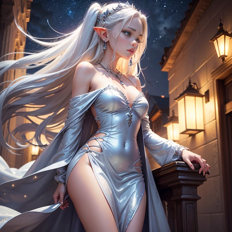 Beautiful girl, standing, night, looking up, looking at the stars, it s raining, gentle moonlight on her face, sitting sideways, bare shoulders, blond hair, white skin, blue eyes, silver dress, dress covered in blood, earrings, elf, hair between eyes, silver hair ornament, jewelry, lips, long hair, silver necklace, glitter necklace, pointed ears, solo, side view, 