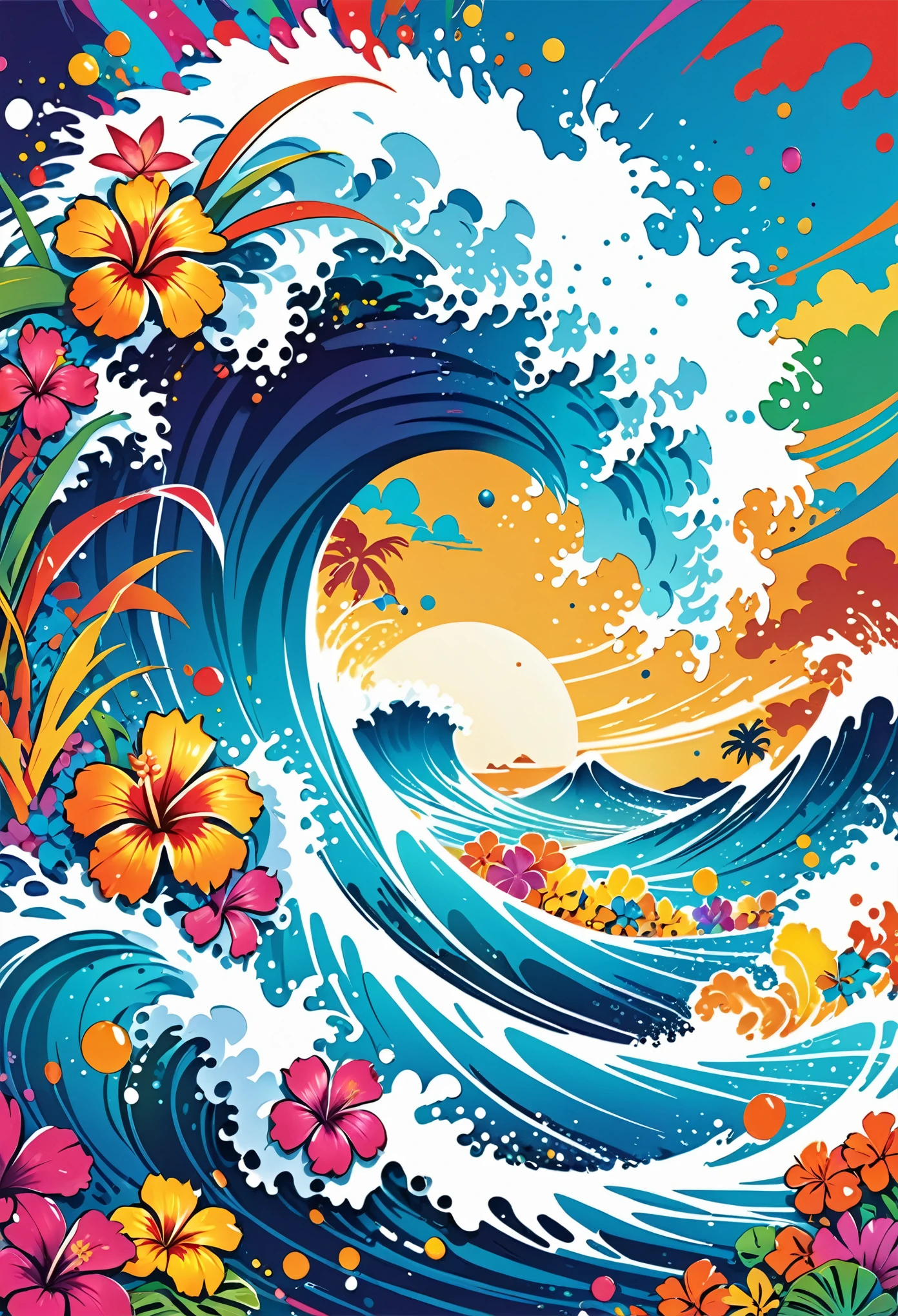 Vector Art, Colorful illustration with lots of waves, In the center, Vibrant colors, Paint splatters and stains, High Detail,Hawaiian style background
