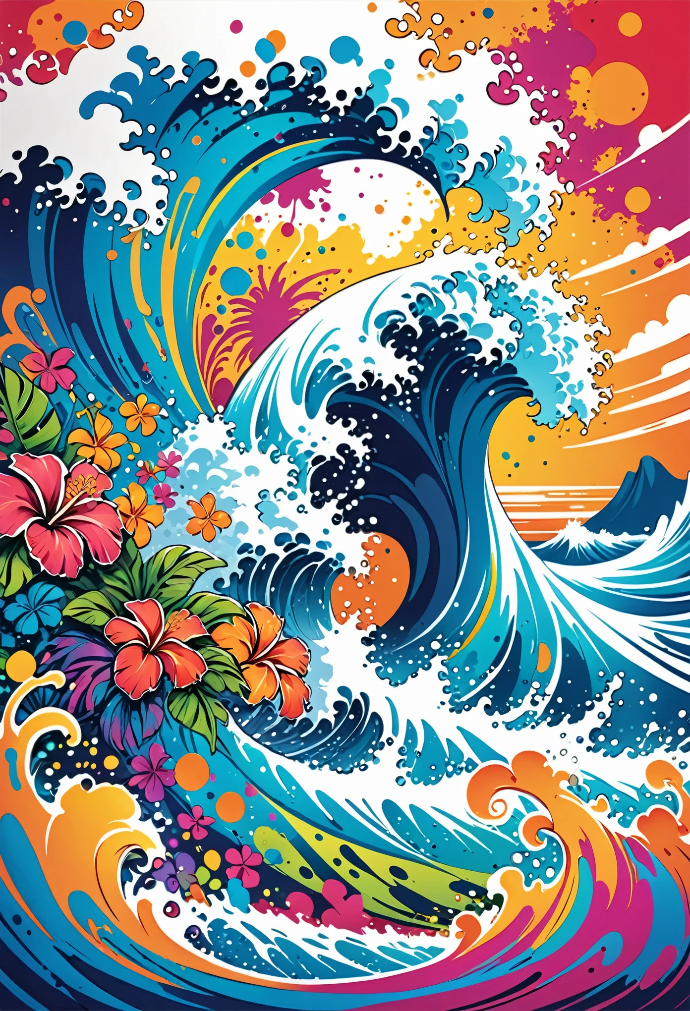 Vector Art, Colorful illustration with lots of waves, In the center, Vibrant colors, Paint splatters and stains, High Detail,Hawaiian style background
