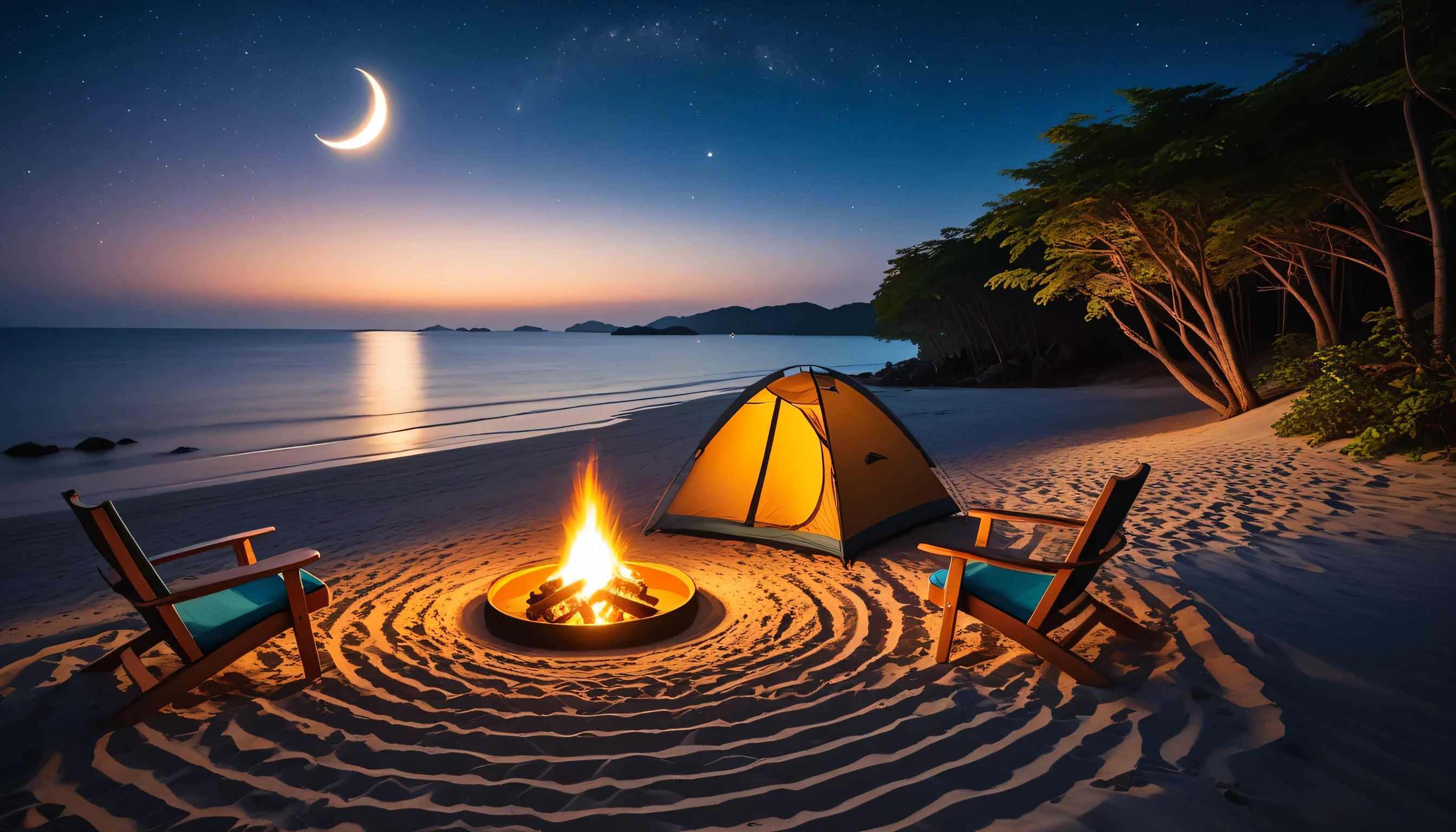 High fidelity Photograph、beach campsite、bonfire、beautiful sandy beach、The crescent moon is beautiful、tent、unburned bonfire、Grill、deck chair、starry、Quiet place、beautful view、lamplight、there was no one。