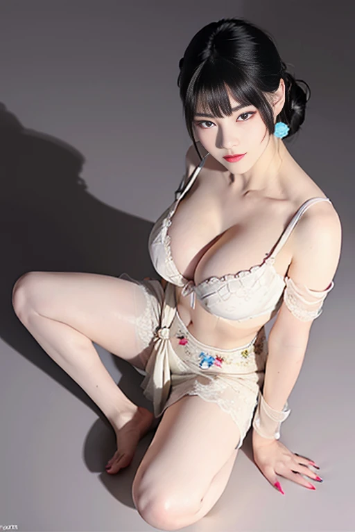 (Very large round breasts: 1.6), (Full body: 1.3), very delicate and beautiful, masterpiece, highest quality, ultra high resolution, 16k, photorealistic, ultra detail, narrow eyes, 1 girl, all white, forehead, black hair , solo, ((very voluptuous glamor)), narrow slit eyes, dark eyes, sparkling eyes, black hair, gloves, dress, luxurious jewelry, earrings, piercing eyes, elbow grooves, hair tied back with hands raised, transparent Demi - cup off-shoulder bra in random colors, transparent short dress in random colors, long eye makeup, narrow eyes, smile, lipstick, complex petal pattern, rim light, backlight, pastel color, studio lighting.