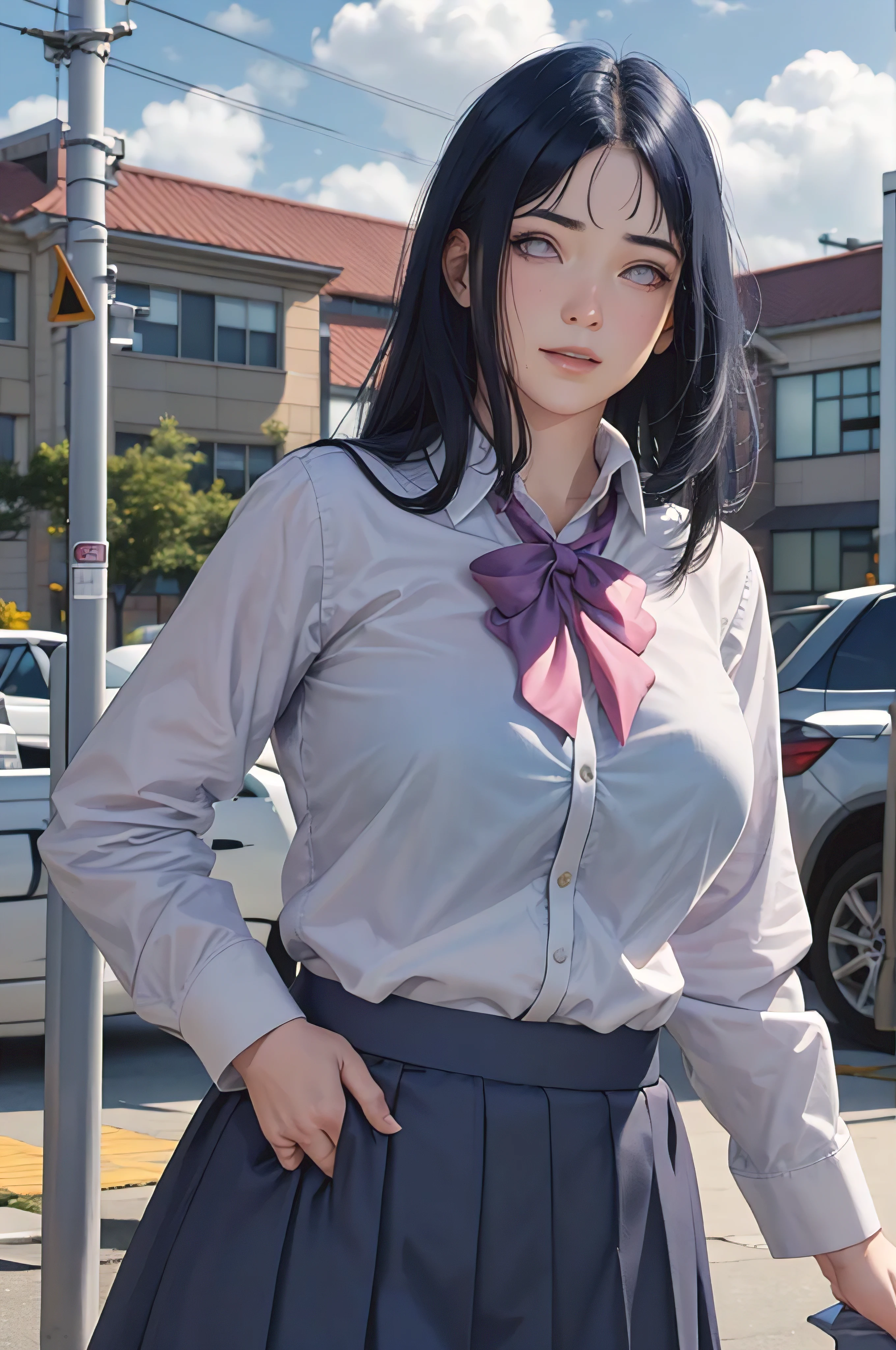 masterpiece, hinata\(boruto\), 1girl, solo, young female, ((((high school uniform)))), (high School), outdoors, looking at viewer, cloudy sky, perfect composition, detailed lips, school building, big breast, beautiful face, body propotion, blush, (pink lips), ((long hair)), purple eyes, soft gaze, sad smile, super realistic, detailed, photoshoot, realistic face and body, realistic hair, realistic eyes, realistic nose, realistic lips, (((dark blue hair))), 25 years old girl, flowing skirt