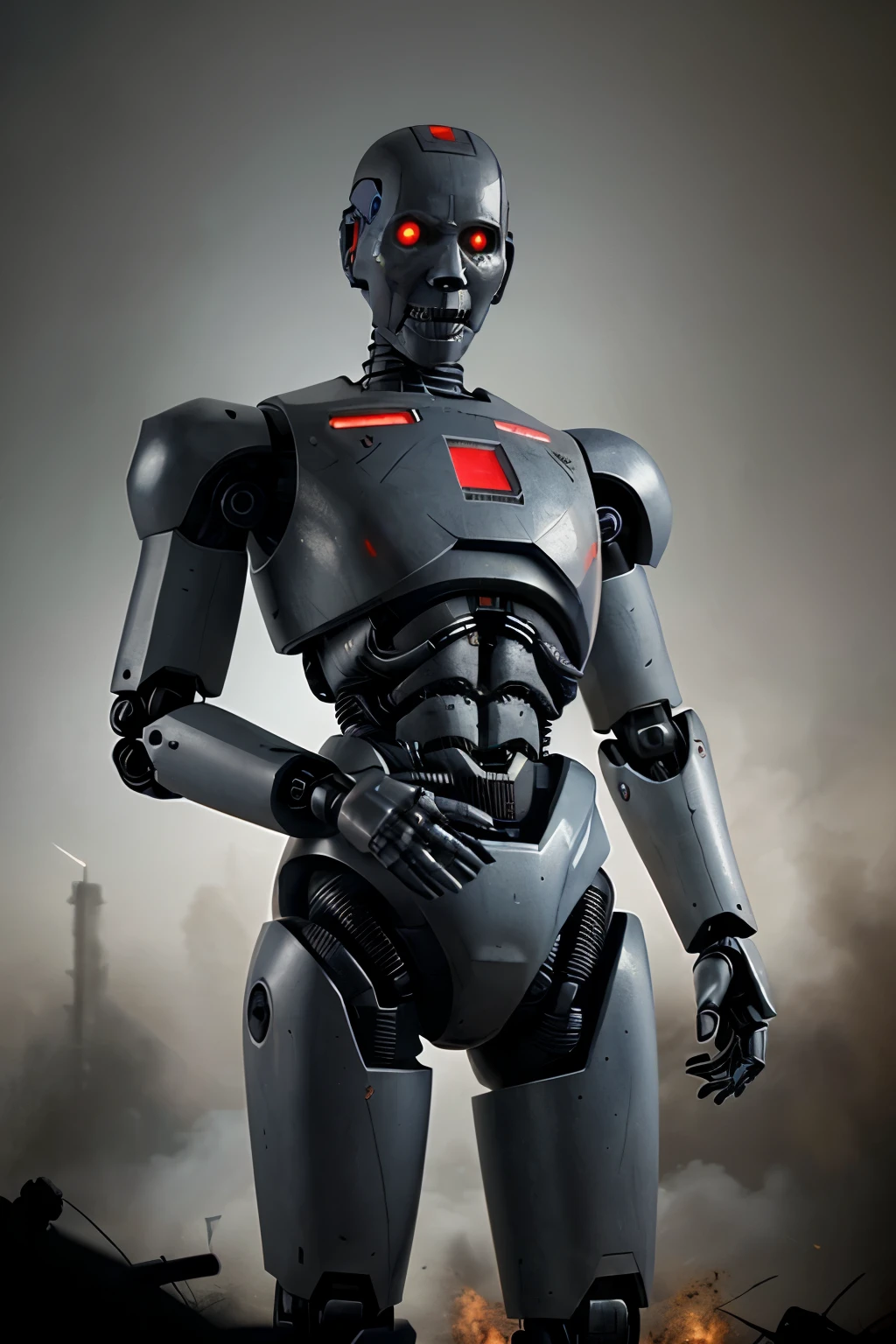 A scary artificial intelligence robot with a gun attached to his hand, who is the only survivor in the whole world, in the middle of a world war