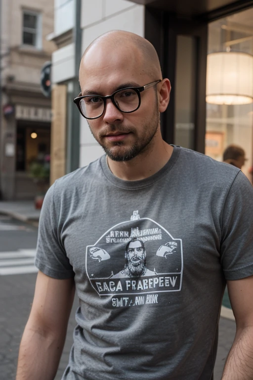 Bald guy with glasses and beard.
Wearing a with t shirt