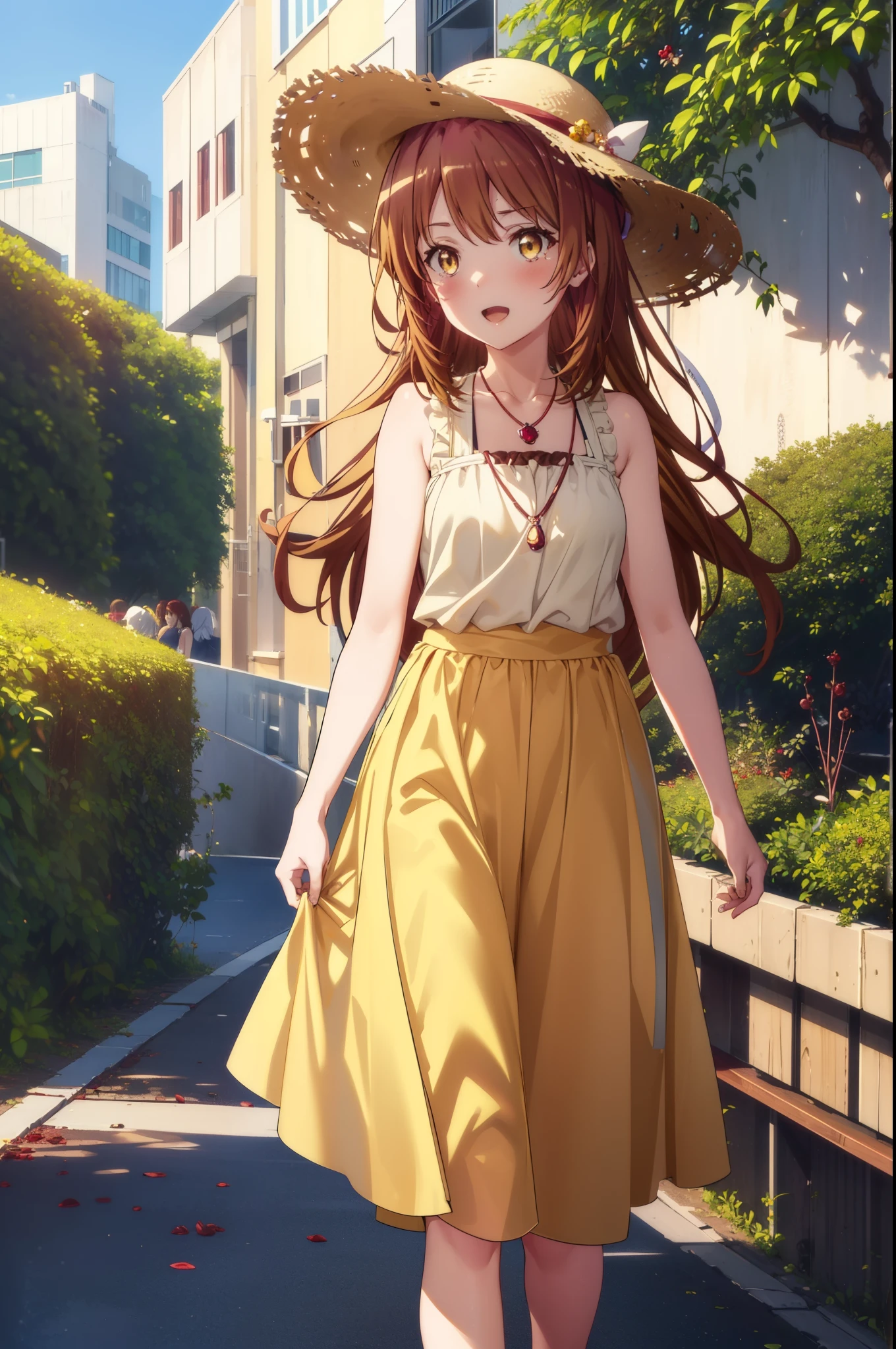 irohaisshiki, Isshiki Iroha, Long Hair, Brown Hair, (Brown ruby eyes:1.5), Sleeveless yellow dress,Yellow long skirt,Bare neck,Locket Necklace,Cute Sandals,Straw hat,happy smile, smile, Open your mouth,Daytime,Clear skies,True Summer,whole bodyがイラストに入るように,Walking,
break outdoors ,公園
break looking at viewer,whole body,
break (masterpiece:1.2), highest quality, High resolution, unity 8k wallpaper, (shape:0.8), (Beautiful and detailed:1.6), Highly detailed face, Perfect lighting, Highly detailed CG, (Perfect hands, Perfect Anatomy),