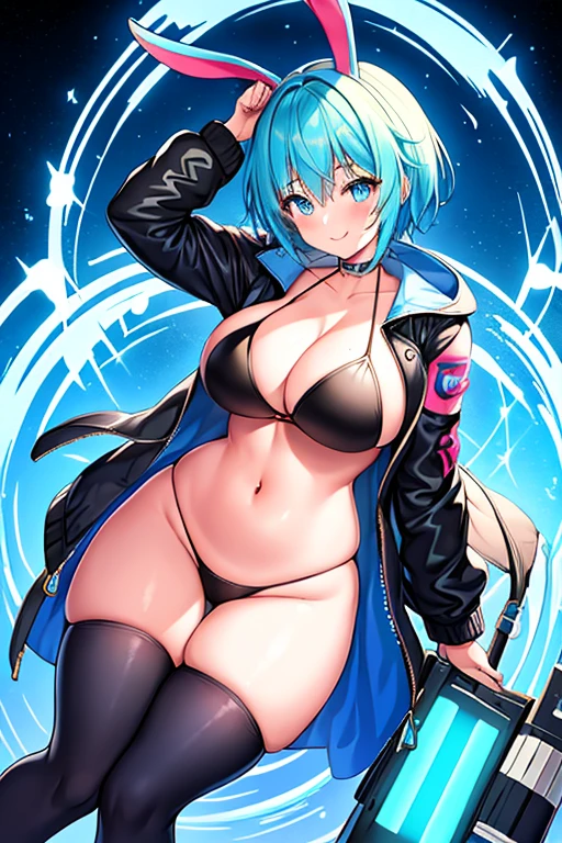 1girl, large breasts, breasts, thick thighs, hourglass figure, toned, smile, light smile, blue hair, light blue hair, blue eyes, very short hair, pixie cut, shoes, sneakers, thighhighs, bikini, black bikini, jacket, black jacket, open jacket, neon trim, neon, neon lights, blue trim, tech, machinery, science-fiction, futuristic, bunny ears, rabbit ears, cropped jacket, ((cropped jacket))