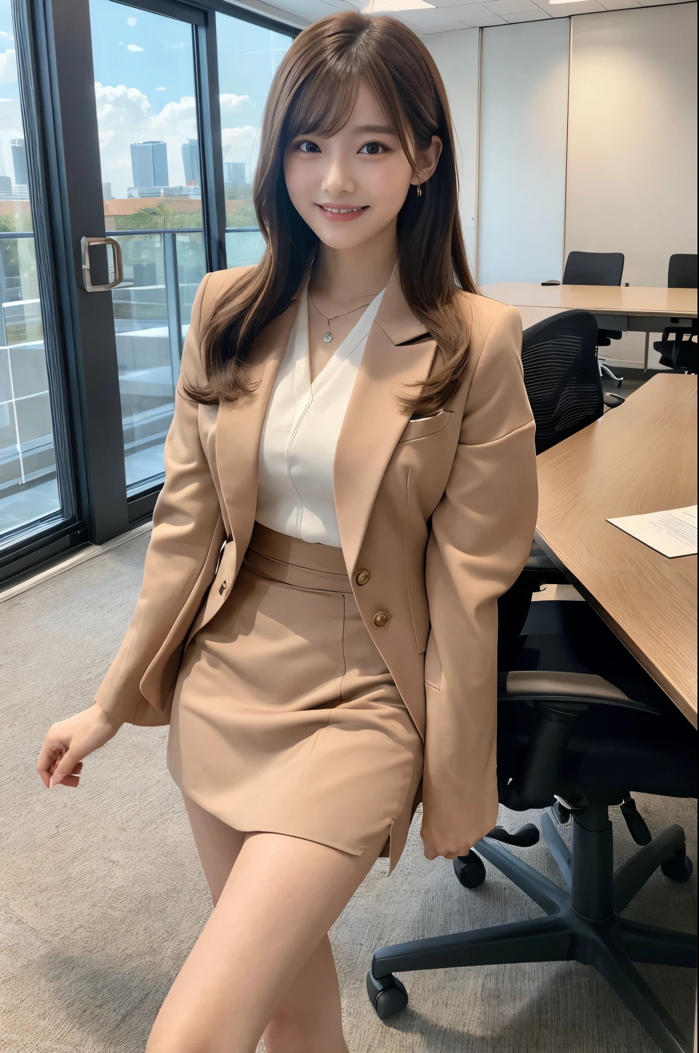 noon、window、Office chair、Meeting room background、Jacket、Light brown hair、Peach-colored suit、Transparent inner、Short skirt、beauty secretary、(Very large breasts、Very thin and long legs、Perfect figure、High heels、whole body、Big smile)、1 female、No makeup、17 years old、(masterpiece、8K,RAW Photos、High resolution:1.4)