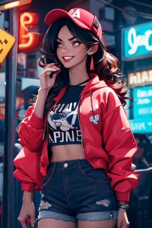 1 chica, hermoso, sonrisa afectada, luciendo un sombrero, pendientes, rojo camo sweatshirt, rojo_shorts cortos, pelo largo, By the chestnut, mask, labios de la nariz, de pie, diafragma, naval, pendientes, (realista:1.5), ciberpunk, neon city, neon lights, 3D, cgi, volumetric lighting