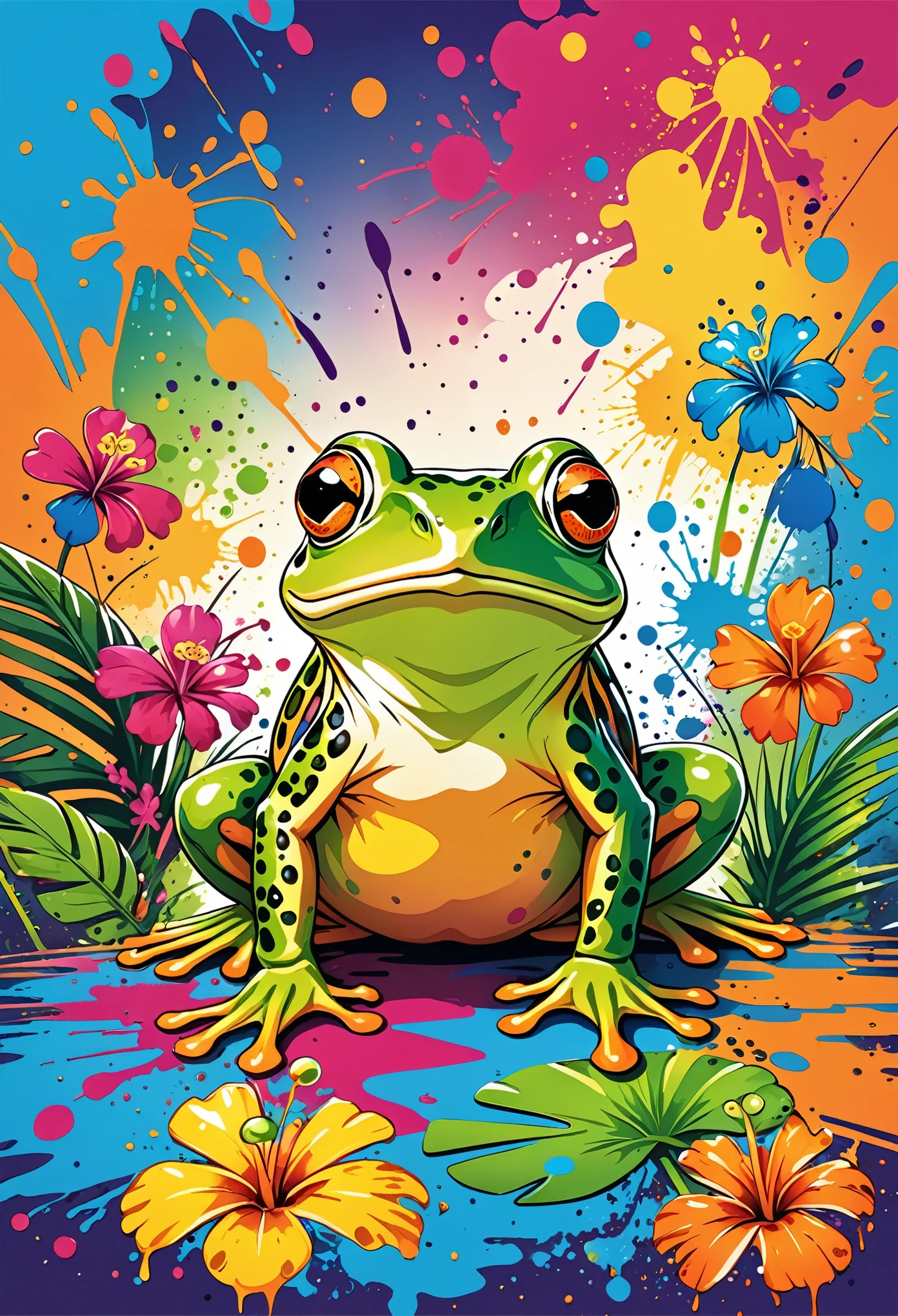 Vector Art, Colorful illustration with lots of frogs, In the center, Vibrant colors, Paint splatters and stains, High Detail,Hawaiian style background