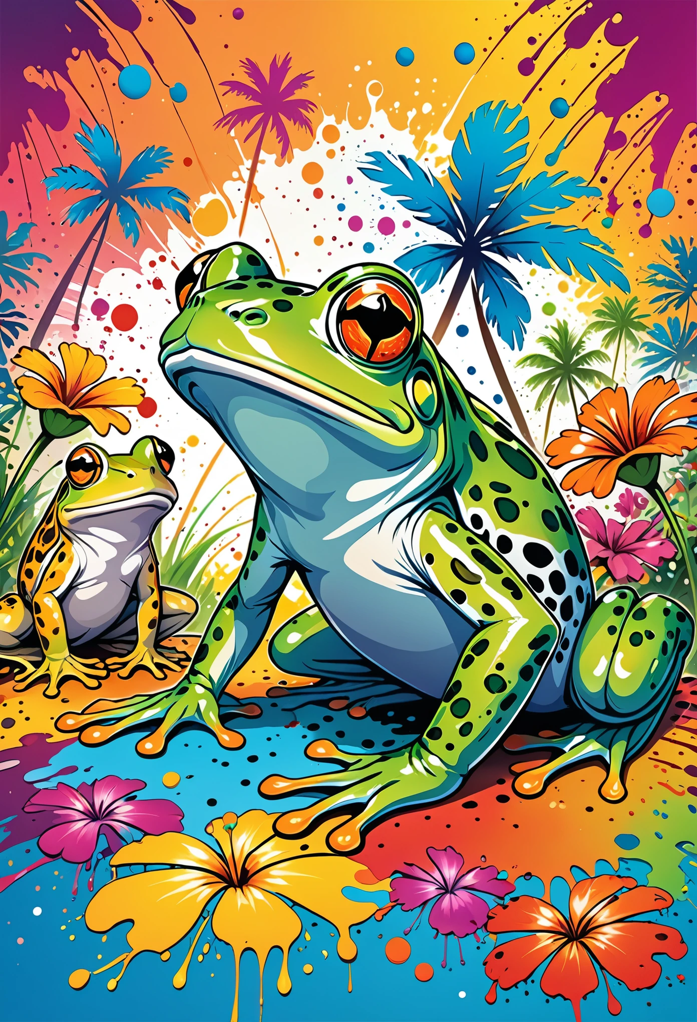 Vector Art, Colorful illustration with lots of frogs, In the center, Vibrant colors, Paint splatters and stains, High Detail,Hawaiian style background
