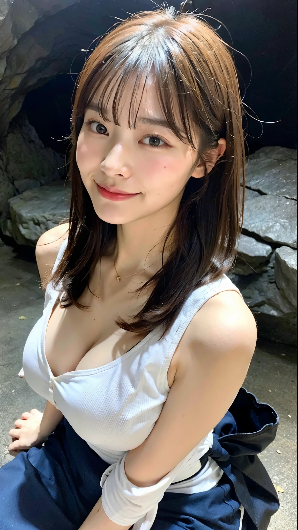 (top-quality、8K、32K、​masterpiece、nffsw:1.2)、Cute Japan pictures of married girls、A smile、beauitful face、(Slouched:1.3)、crouching down、(From above:1.2)、(a closeup:1.4)、POV、Loose-fitting T-shirt、large full breasts、(beautiful  slips:0.9)、outside of house、the wind、shinny skin、blurry backround,(limestone cave),Cleavage,large 