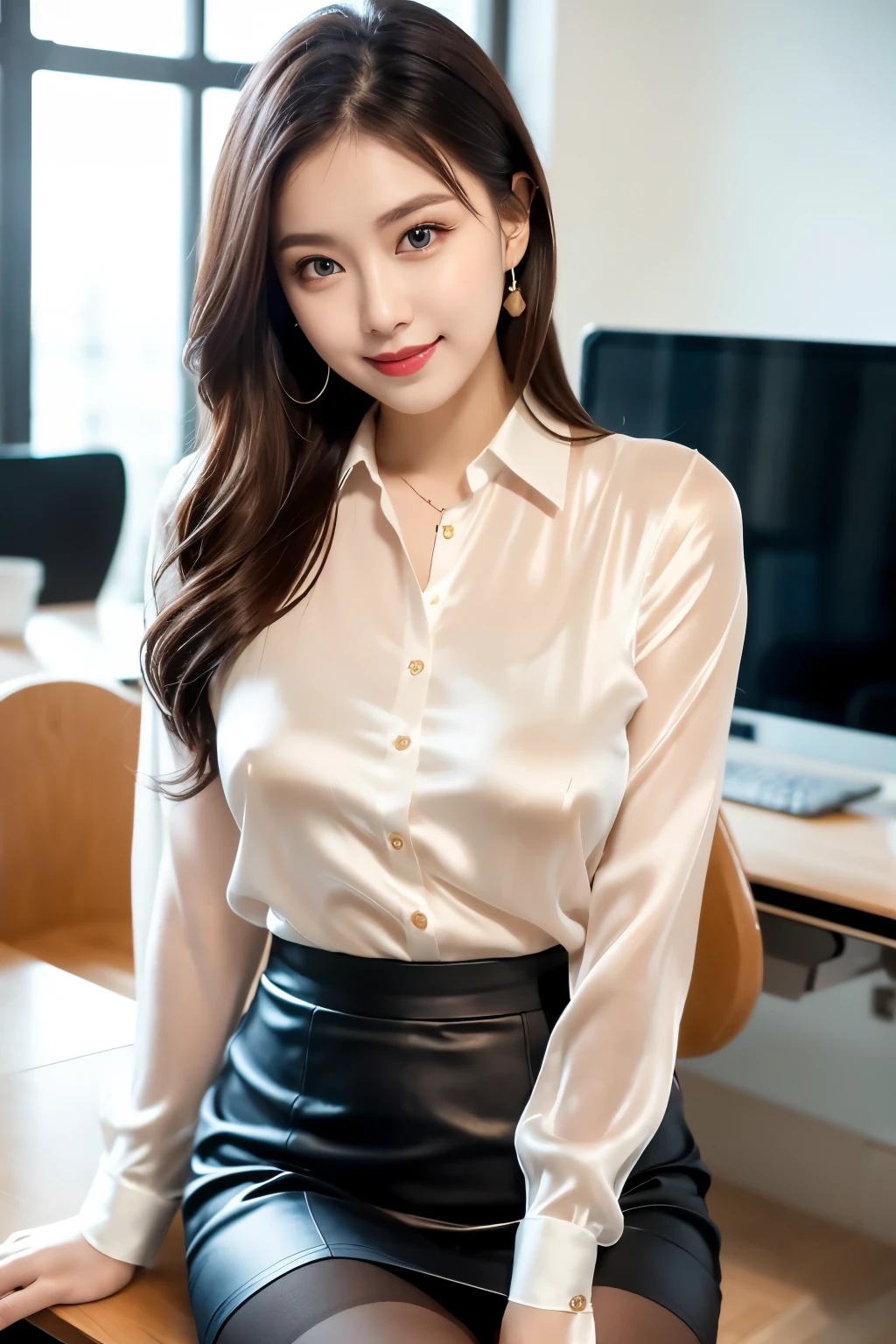ulzzang-6500-v1.1, (RAW Photos:1.2), (Photorealistic), (See-through:1.3), (Genuine:1.4), 1Girl with glasses、22 years old, Blue Eyes of the Sea(Eye details), A shy smile、I keep my hair short、(Elegant silk blouse:1.3), (Ultra-realistic pantyhose:1.2), (flare skirt:1.2), sit in an office and work at a desk、Realistic skin texture、Glowing Skin、Exposed thighs!!! , Makeup、