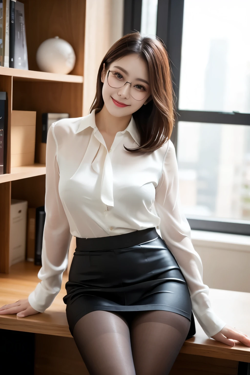 ulzzang-6500-v1.1, (RAW Photos:1.2), (Photorealistic), (See-through:1.3), (Genuine:1.4), 1Girl with glasses、22 years old, Blue Eyes of the Sea(Eye details), A shy smile、I keep my hair short、(Elegant silk blouse:1.3), (Ultra-realistic pantyhose:1.2), (flare skirt:1.2), sit in an office and work at a desk、Realistic skin texture、Glowing Skin、Exposed thighs!!! , Makeup、