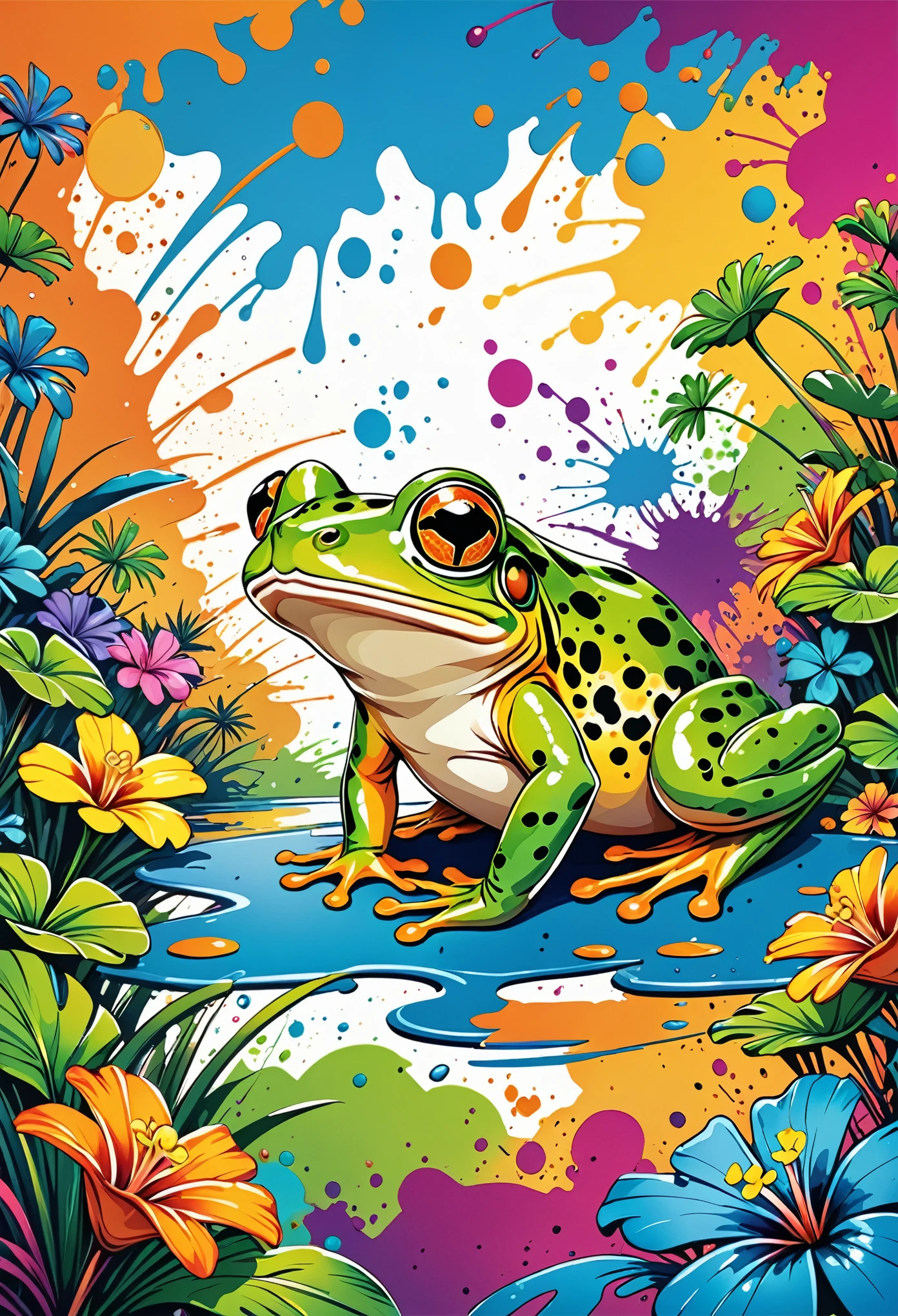 Vector Art, Colorful illustration with lots of frogs, In the center, Vibrant colors, Paint splatters and stains, High Detail,Hawaiian style background
