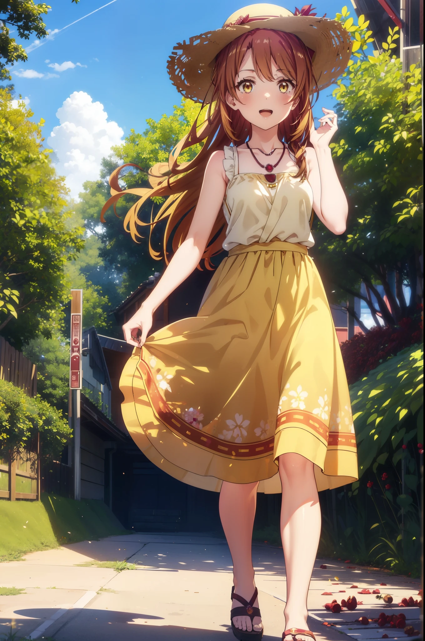 irohaisshiki, Isshiki Iroha, Long Hair, Brown Hair, (Brown ruby eyes:1.5), Sleeveless yellow dress,Yellow long skirt,Bare neck,Locket Necklace,Cute Sandals,Straw hat,happy smile, smile, Open your mouth,Daytime,Clear skies,True Summer,whole bodyがイラストに入るように,Walking,
break outdoors ,公園
break looking at viewer,whole body,
break (masterpiece:1.2), highest quality, High resolution, unity 8k wallpaper, (shape:0.8), (Beautiful and detailed:1.6), Highly detailed face, Perfect lighting, Highly detailed CG, (Perfect hands, Perfect Anatomy),