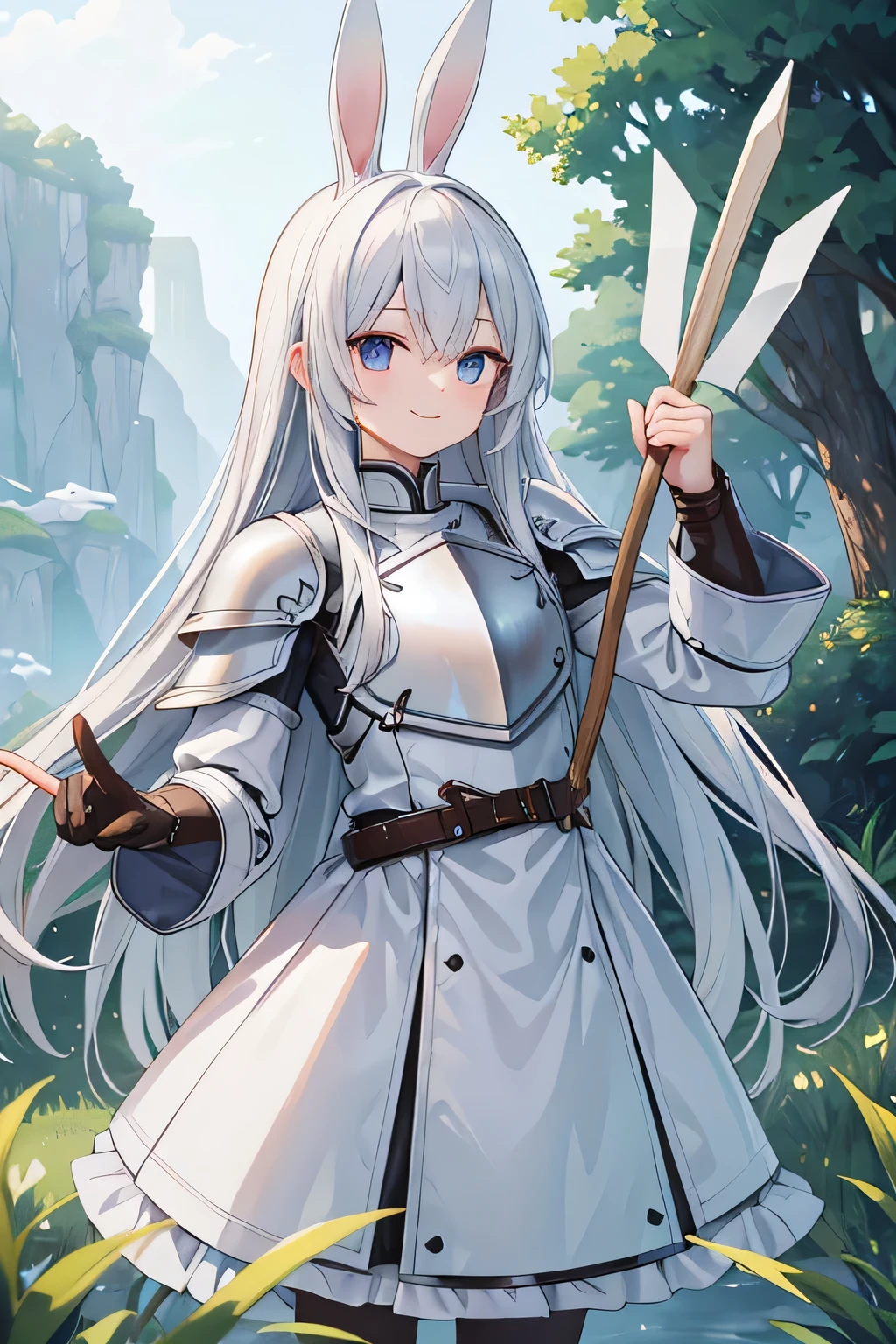 highest quality、White bunny ears、Long silver hair、Odd Eye、smile、leather armor、In his right hand he holds a cypress stick