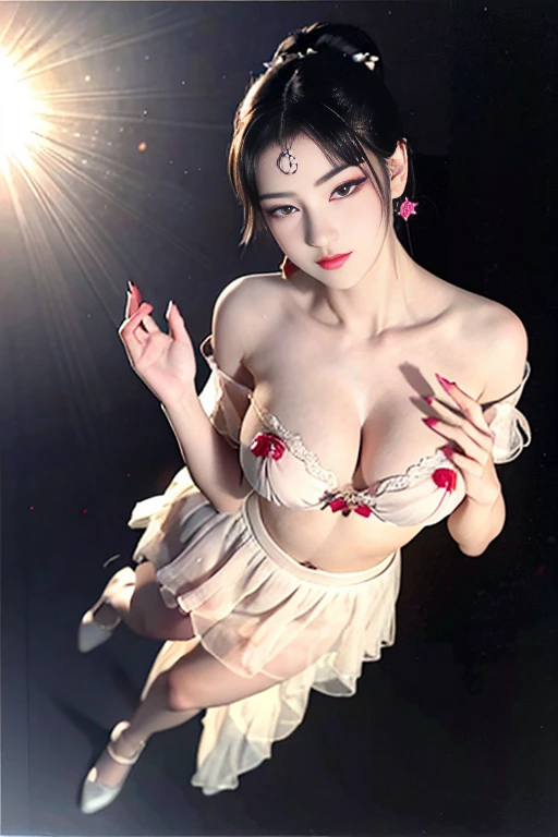 (Very large round breasts: 1.6), (Full body: 1.3), very delicate and beautiful, masterpiece, highest quality, ultra high resolution, 16k, photorealistic, ultra detail, narrow eyes, 1 girl, all white, forehead, black hair , solo, ((very voluptuous glamor)), narrow slit eyes, dark eyes, sparkling eyes, black hair, gloves, dress, luxurious jewelry, earrings, piercing eyes, elbow grooves, hair tied back with hands raised, transparent Demi - cup off-shoulder bra in random colors, transparent short dress in random colors, long eye makeup, narrow eyes, smile, lipstick, complex petal pattern, rim light, backlight, pastel color, studio lighting.