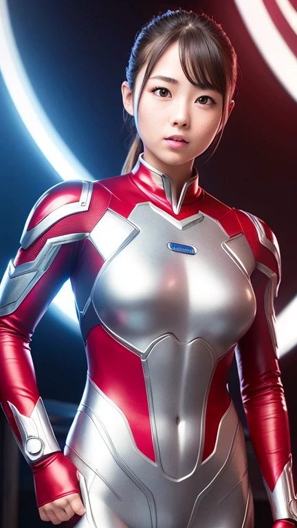 Ultraman、realistic、realistic、cinematic lighting, Girl in a shiny red and silver suit、、professional photos、Don&#39;Do not expose your skin, japanese model, japanese cgi、Ultraman Suit、tight and thin cyber suit,Whole body rubbery、There&#39;s pink There、 delicate body, big breasts、small ass、thin thighs、thin arms、thin waist、camel toe、Both sides of the cyber suit stick to the skin、Big eyes、black short hair、facing the front、facing the front立っている、A glowing sphere is embedded in the chest.、Essay Examination、 blue sky background