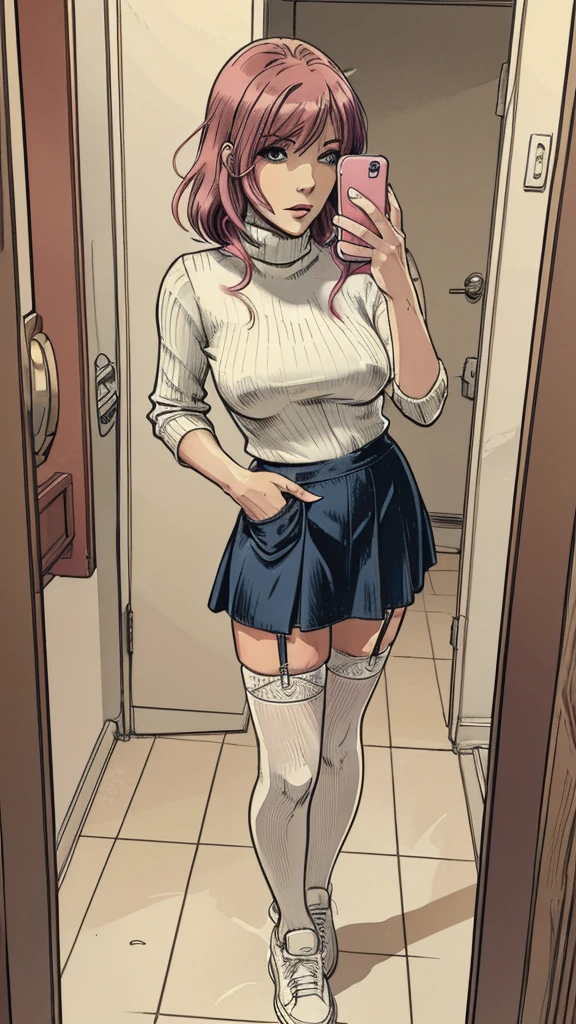 vector image:1.2, 2d cartoon,masterpiece, An anime woman, blush,colored hair, bold makeup, nylon stockings with garters:1.2, denim skirt, turtleneck, horny pose:1.1, gloomy orgasm,sneakers, selfie, in restroom, full body,