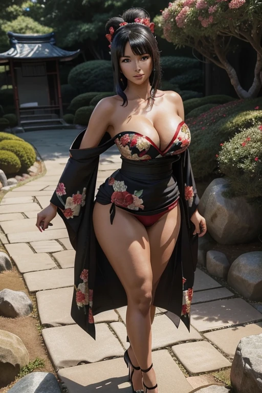 (masterpiece), best quality, expressive eyes, perfect face, Nico Robin in a Japanese Garden, (Japanese Garden background), (walking in the garden), (smirk), (closeup view), (1girl, Nico Robin face, dark skin, tanned skin, tan, black hair, geisha hairstyle, bun hairstyle, brown eyes, hourglass figure, thick body, curvy body, large breasts, huge breasts, oppai, large cleavage, wide hips, thick thighs, (black long kimono, red floral pattern, exposed cleavage, strapless, hairbow, heels),