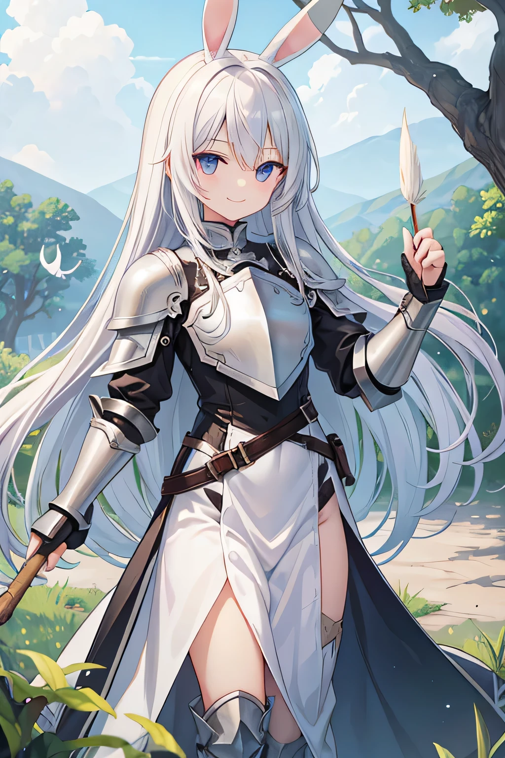 highest quality、White bunny ears、Long silver hair、Odd Eye、smile、leather armor、In his right hand he holds a cypress stick