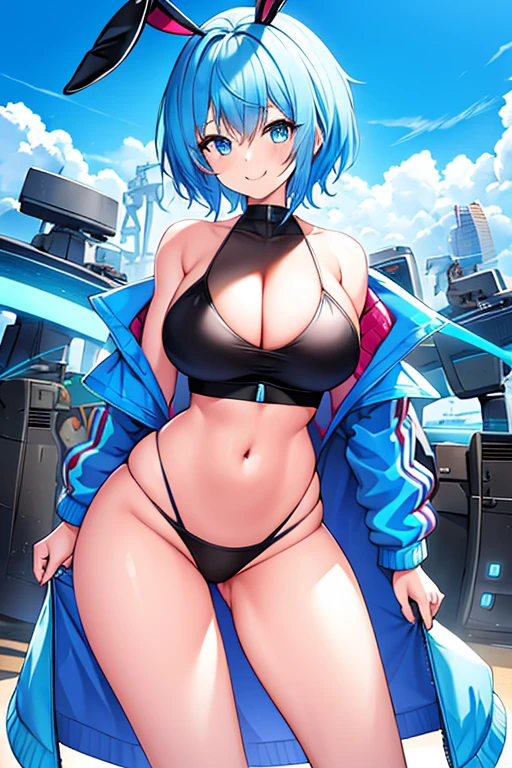 1girl, large breasts, breasts, thick thighs, hourglass figure, toned, smile, light smile, blue hair, light blue hair, blue eyes, very short hair, pixie cut, shoes, sneakers, socks, bikini, black bikini, jacket, black jacket, open jacket, neon trim, neon, neon lights, blue trim, tech, machinery, science-fiction, futuristic, bunny ears, rabbit ears, cropped jacket, ((cropped jacket))