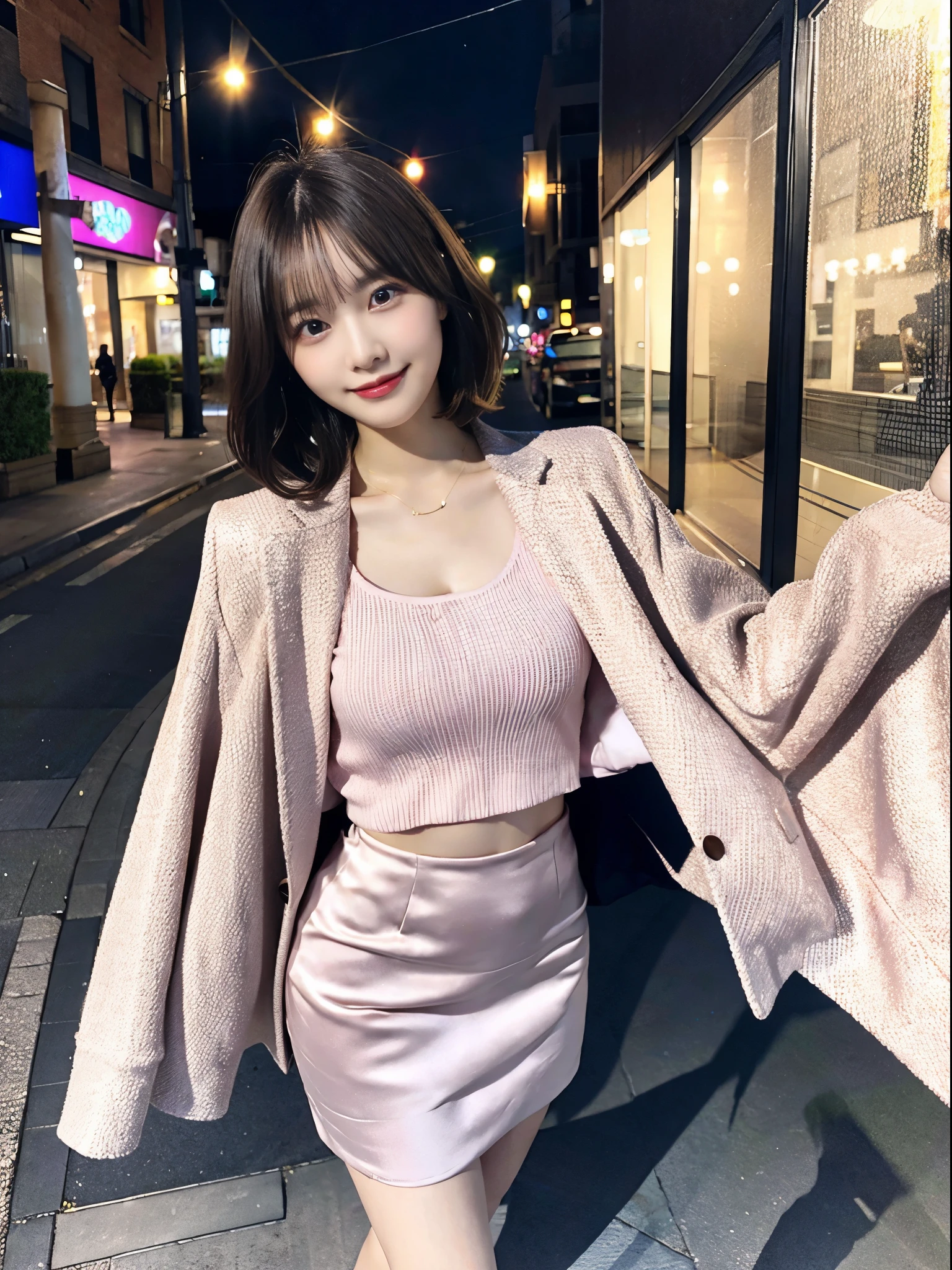 （Very very short hair）、Brown eyes、Big Eyes、night、night景、Light pink jacket、Short skirt、beauty secretary、（Very large breasts、Very thin and long legs、Perfect figure、High heels、whole body、Big smile）、1 female、No makeup、s old、（masterpiece、8K,RAW Photos、High resolution:1.4）
