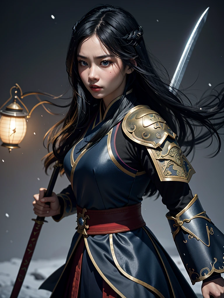 Glowing, two tone color hair, Glowing eyes, Mulan composed of red light, Mulan made up of black smoke, Black-haired Mulan，White-haired Mulan，Mulan with blue eyes glowing，Mulan，The eyes are green, Mulan in dark blue armor，Mulan in golden armor，a 3D render (Close-up of Mulan holding a sword), （A very long sword，Shining with cold light），（A sword with a dragon pattern），The surface of the sword is as smooth as a mirror，Cold light flashes，The hilt of the sword is inlaid with precious jade and wood，The upper body wears dark blue armor made of fish scales and iron， The armor was also inlaid with golden stars，floral embroidery，Cloak decorated in black and gold， Very long hair, Ebony hair, Big black eyes, Long eyelashes, Sexy red lips, Resolute expression, disney movie《Mulan》, Martial arts, Kungfu, Chinese exquisite clothing, ， 1 Mulan, Solo, Ancient wind，WABSTYLE STYLE, Background with: It was snowing heavily，It was snowing heavily，It was snowing heavily in the sky， Hurricane weather，vortex,,{{Masterpiece}}, {{{Best quality}}},{{Ultra-detailed}}, {{illustration}},{{Disheveled hair}},{{Masterpiece}},{{{Best quality}}},{{Ultra-detailed}}, {{{illustration}}},{{Disheveled hair}},Clear facial features,close up photograph,,Alphonse Mucha,Pixar style,Cartoon style,beatrix potter ,Refined atmosphere,Intense atmosphere, microscopic view,Close-up(CU),Extreme closeup,back Lighting,