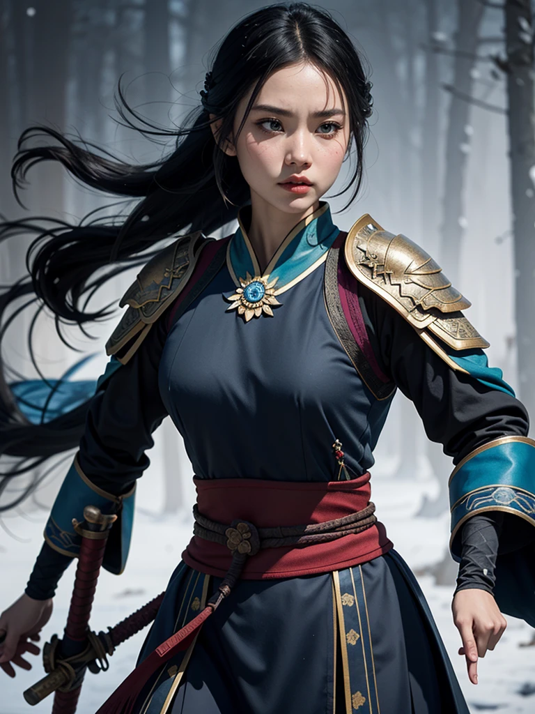 Glowing, two tone color hair, Glowing eyes, Mulan composed of red light, Mulan made up of black smoke, Black-haired Mulan,White-haired Mulan,Mulan with blue eyes glowing,Mulan,The eyes are green, Mulan in dark blue armor,Mulan in golden armor,a 3D render (Close-up of Mulan holding a sword), (A very long sword,Shining with cold light),(A sword with a dragon pattern),The surface of the sword is as smooth as a mirror,Cold light flashes,The hilt of the sword is inlaid with precious jade and wood,The upper body wears dark blue armor made of fish scales and iron, The armor was also inlaid with golden stars,floral embroidery,Cloak decorated in black and gold, Very long hair, Ebony hair, Big black eyes, Long eyelashes, Sexy red lips, Resolute expression, disney movie《Mulan》, Martial arts, Kungfu, Chinese exquisite clothing, , 1 Mulan, Solo, Ancient wind,WABSTYLE STYLE, Background with: It was snowing heavily,It was snowing heavily,It was snowing heavily in the sky, Hurricane weather,vortex,,{{Masterpiece}}, {{{Best quality}}},{{Ultra-detailed}}, {{illustration}},{{Disheveled hair}},{{Masterpiece}},{{{Best quality}}},{{Ultra-detailed}}, {{{illustration}}},{{Disheveled hair}},Clear facial features,close up photograph,,Alphonse Mucha,Pixar style,Cartoon style,beatrix potter ,Refined atmosphere,Intense atmosphere, microscopic view,Close-up(CU),Extreme closeup,back Lighting,