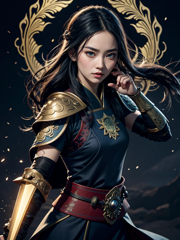 Glowing, two tone color hair, Glowing eyes, Mulan composed of red light, Mulan made up of black smoke, Black-haired Mulan，White-haired Mulan，Mulan with blue eyes glowing，Mulan，The eyes are green, Mulan in dark blue armor，Mulan in golden armor，a 3D render (Close-up of Mulan holding a sword), （A very long sword，Shining with cold light），（A sword with a dragon pattern），The surface of the sword is as smooth as a mirror，Cold light flashes，The hilt of the sword is inlaid with precious jade and wood，The upper body wears dark blue armor made of fish scales and iron， The armor was also inlaid with golden stars，floral embroidery，Cloak decorated in black and gold， Very long hair, Ebony hair, Big black eyes, Long eyelashes, Sexy red lips, Resolute expression, disney movie《Mulan》, Martial arts, Kungfu, Chinese exquisite clothing, ， 1 Mulan, Solo, Ancient wind，WABSTYLE STYLE, Background with: It was snowing heavily，It was snowing heavily，It was snowing heavily in the sky， Hurricane weather，vortex,,{{Masterpiece}}, {{{Best quality}}},{{Ultra-detailed}}, {{illustration}},{{Disheveled hair}},{{Masterpiece}},{{{Best quality}}},{{Ultra-detailed}}, {{{illustration}}},{{Disheveled hair}},Clear facial features,close up photograph,,Alphonse Mucha,Pixar style,Cartoon style,beatrix potter ,Refined atmosphere,Intense atmosphere, microscopic view,Close-up(CU),Extreme closeup,back Lighting,